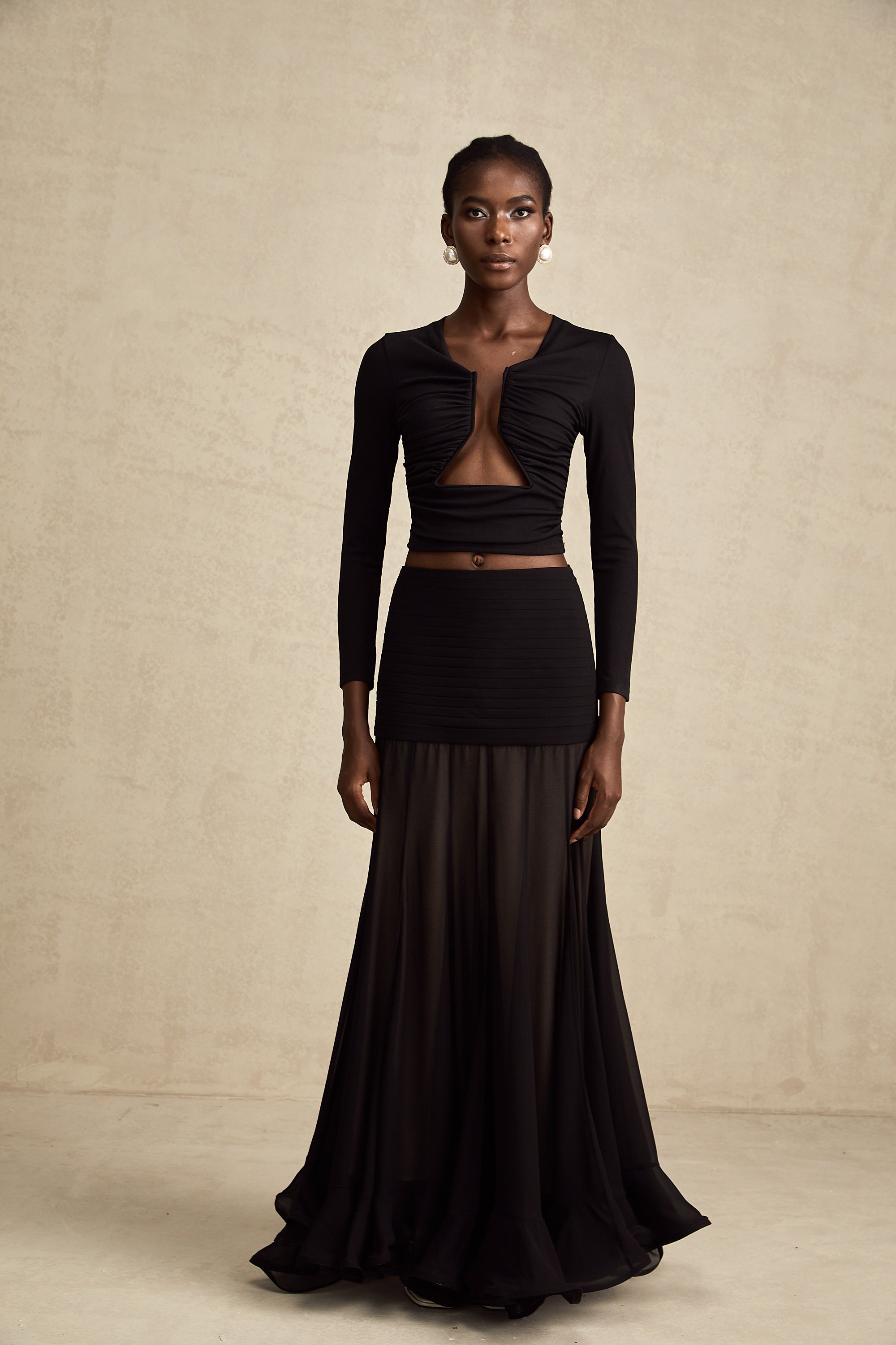 Black Ruched Crop Top with Open Front for Women - Gioia