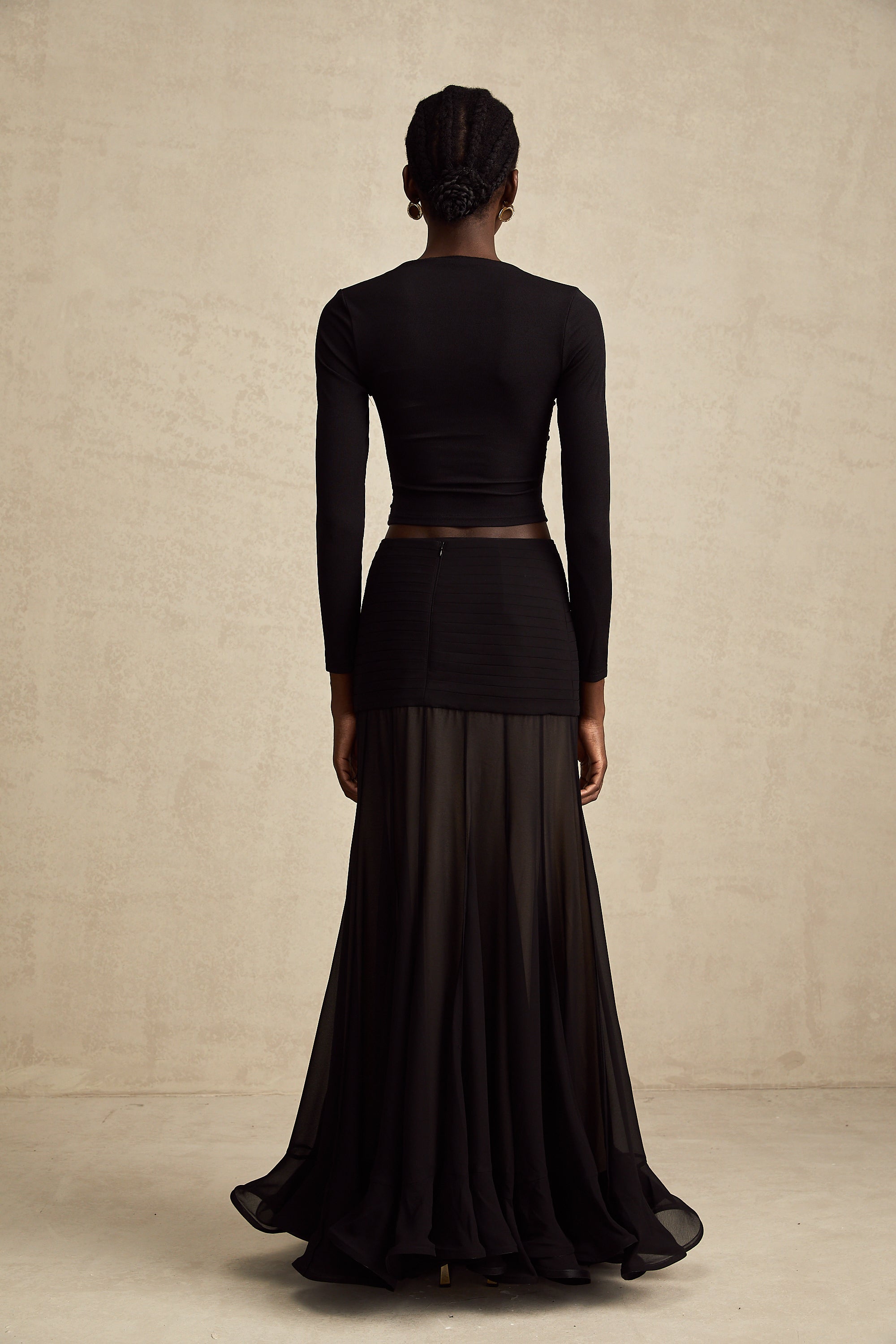 Black Ruched Crop Top with Open Front for Women - Gioia