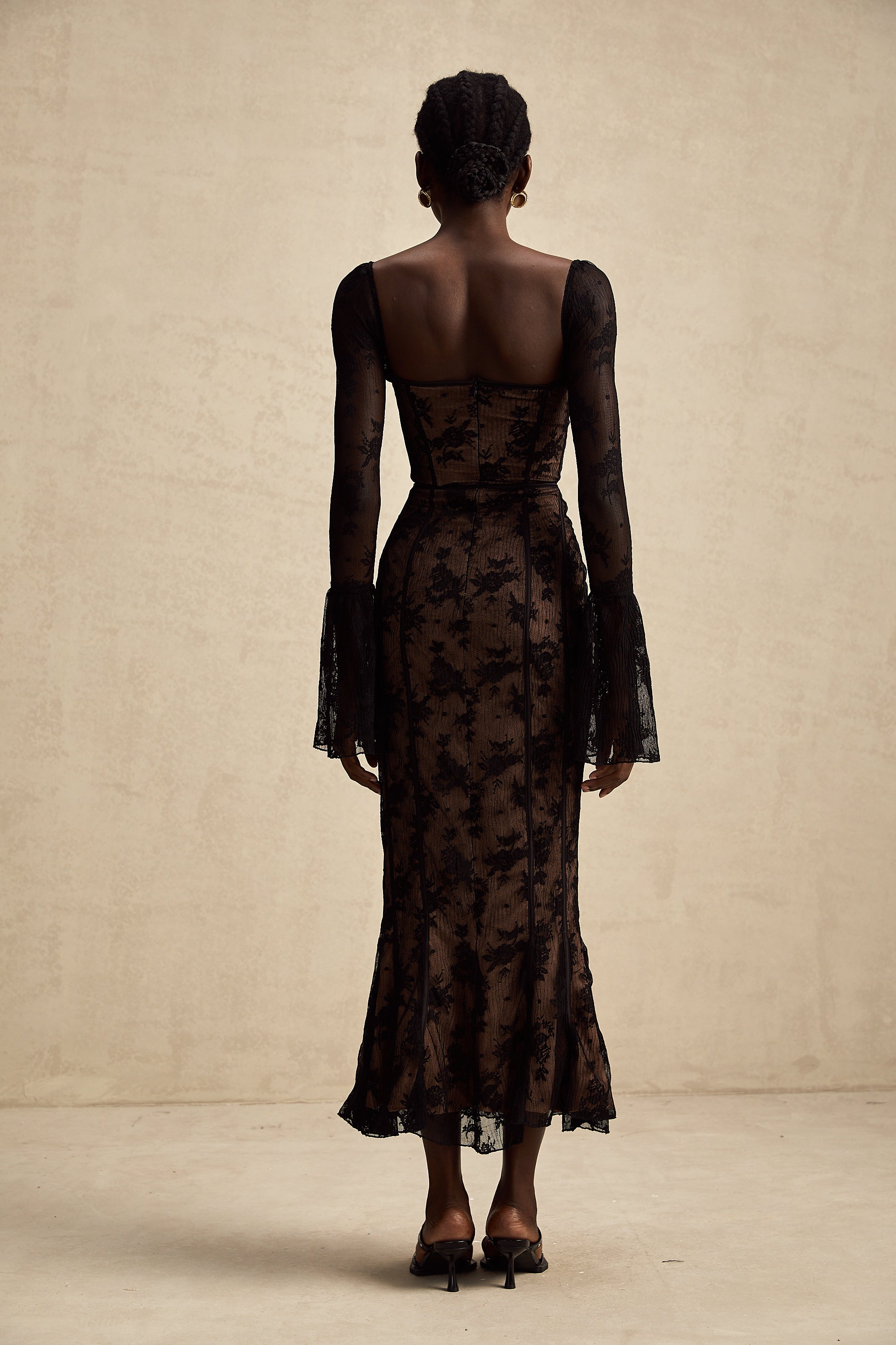 Black Lace Long Sleeve Maxi Dress with Tie Front for Women - Fiammetta