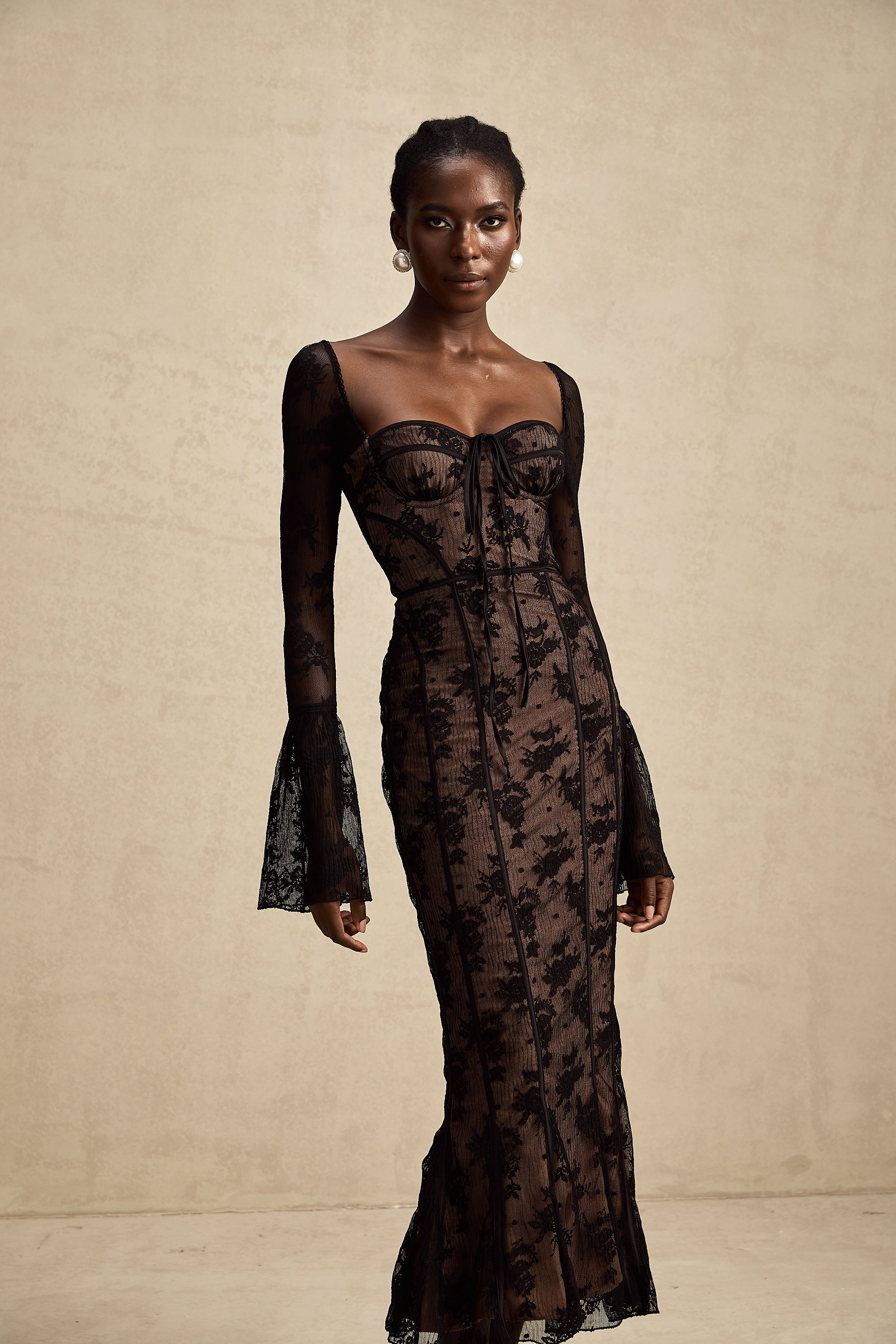 Black Lace Long Sleeve Maxi Dress with Tie Front for Women - Fiammetta