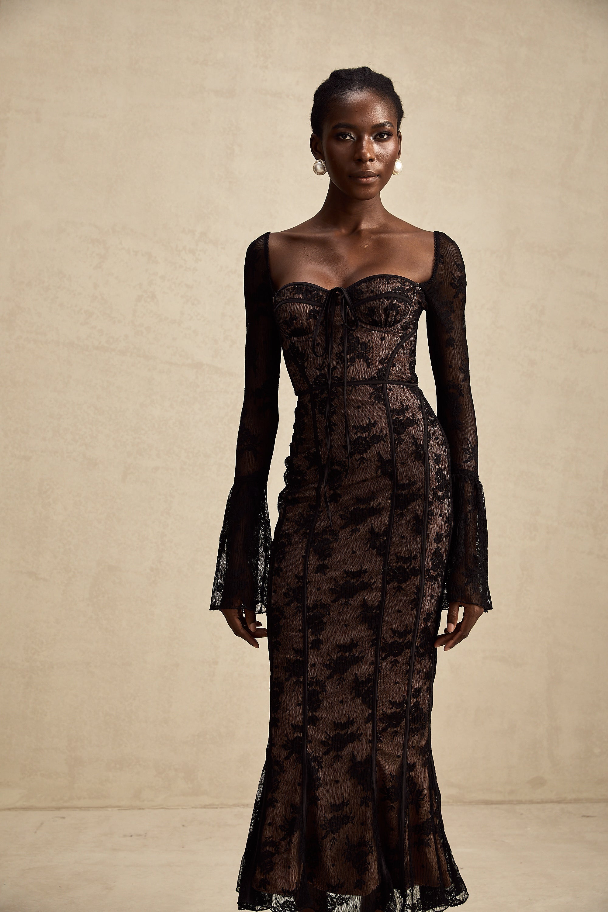 Black Lace Long Sleeve Maxi Dress with Tie Front for Women - Fiammetta