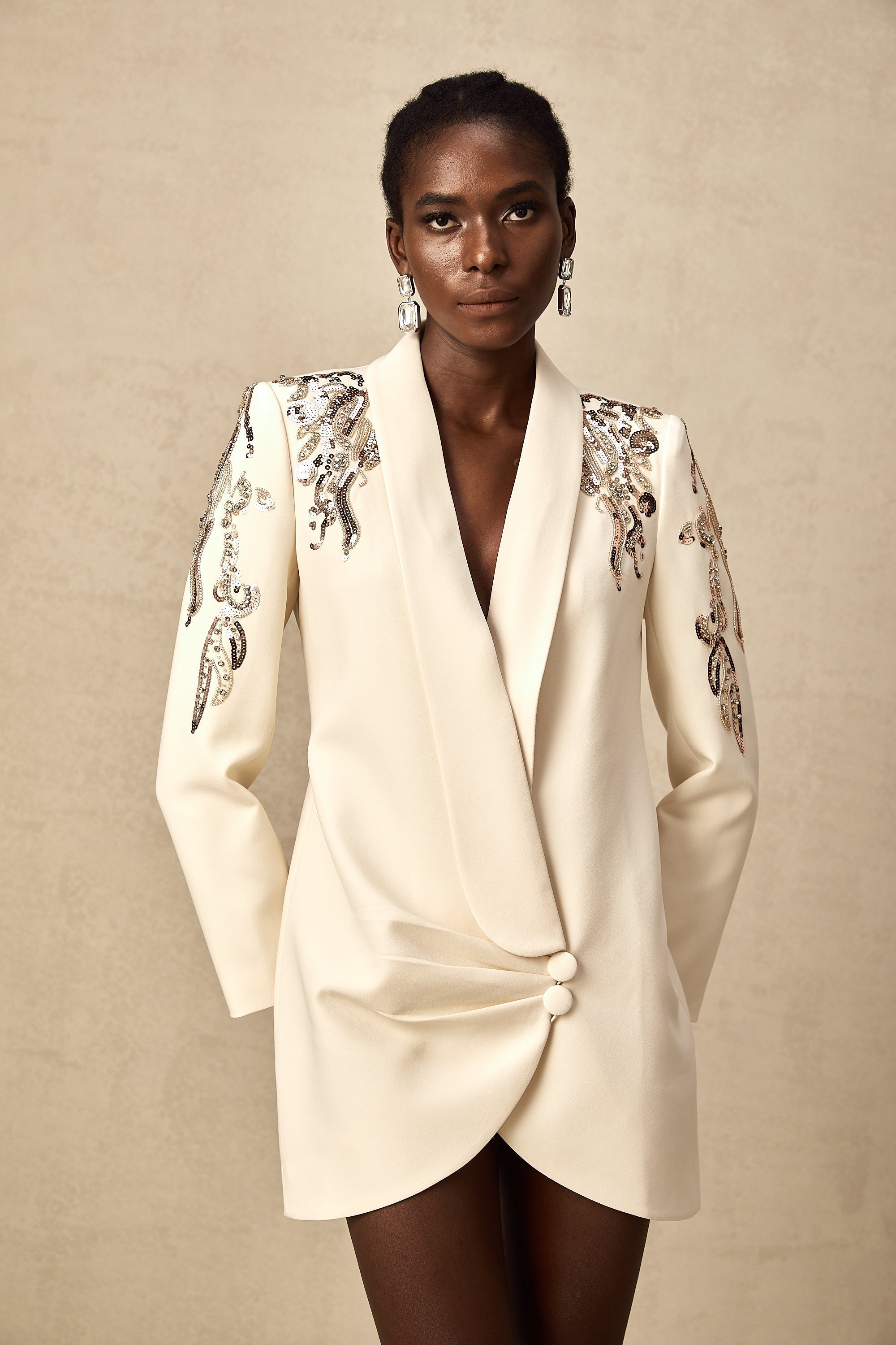 Ivory Embellished Blazer Mini Dress with Long Sleeves for Women - Teresa