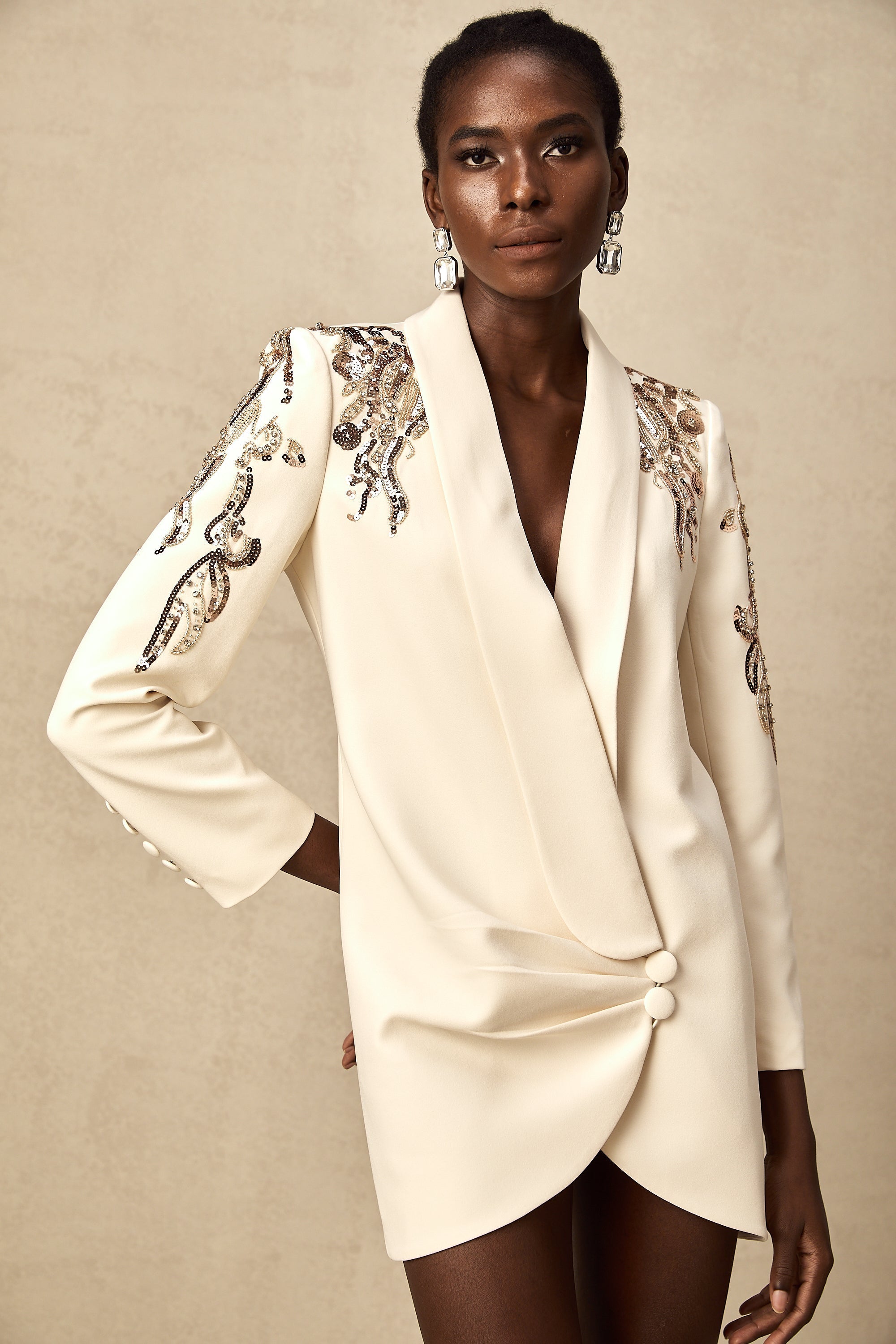 Ivory Embellished Blazer Mini Dress with Long Sleeves for Women - Teresa
