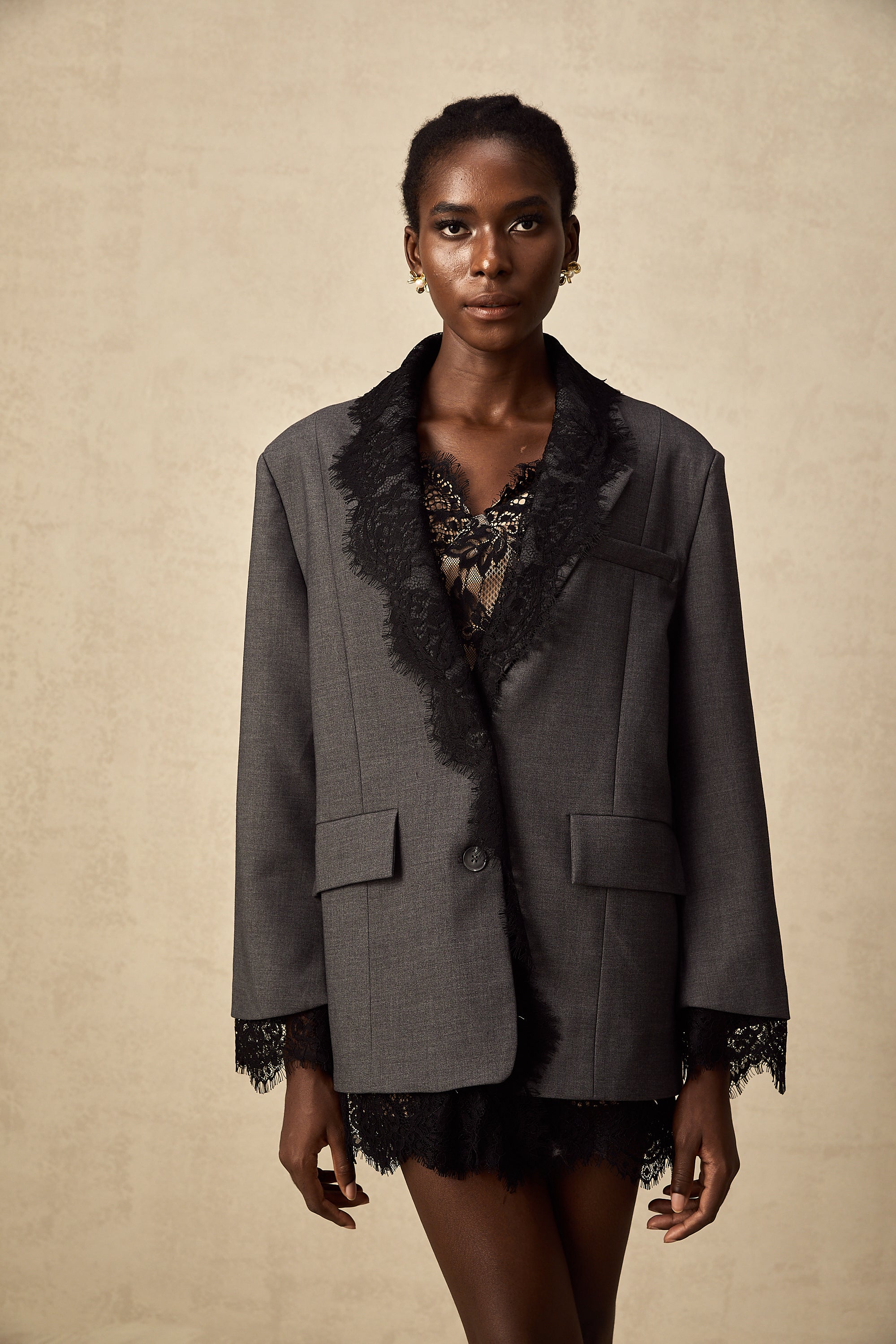 Charcoal Grey Lace Trim Blazer Jacket with Pockets for Women - Diana