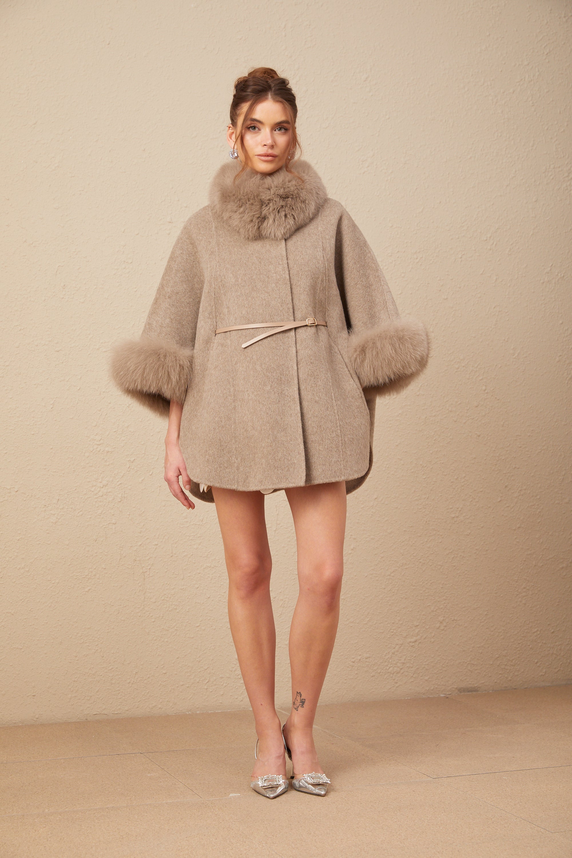 Beige Wool Coat with Faux Fur Collar for Women - Allegra