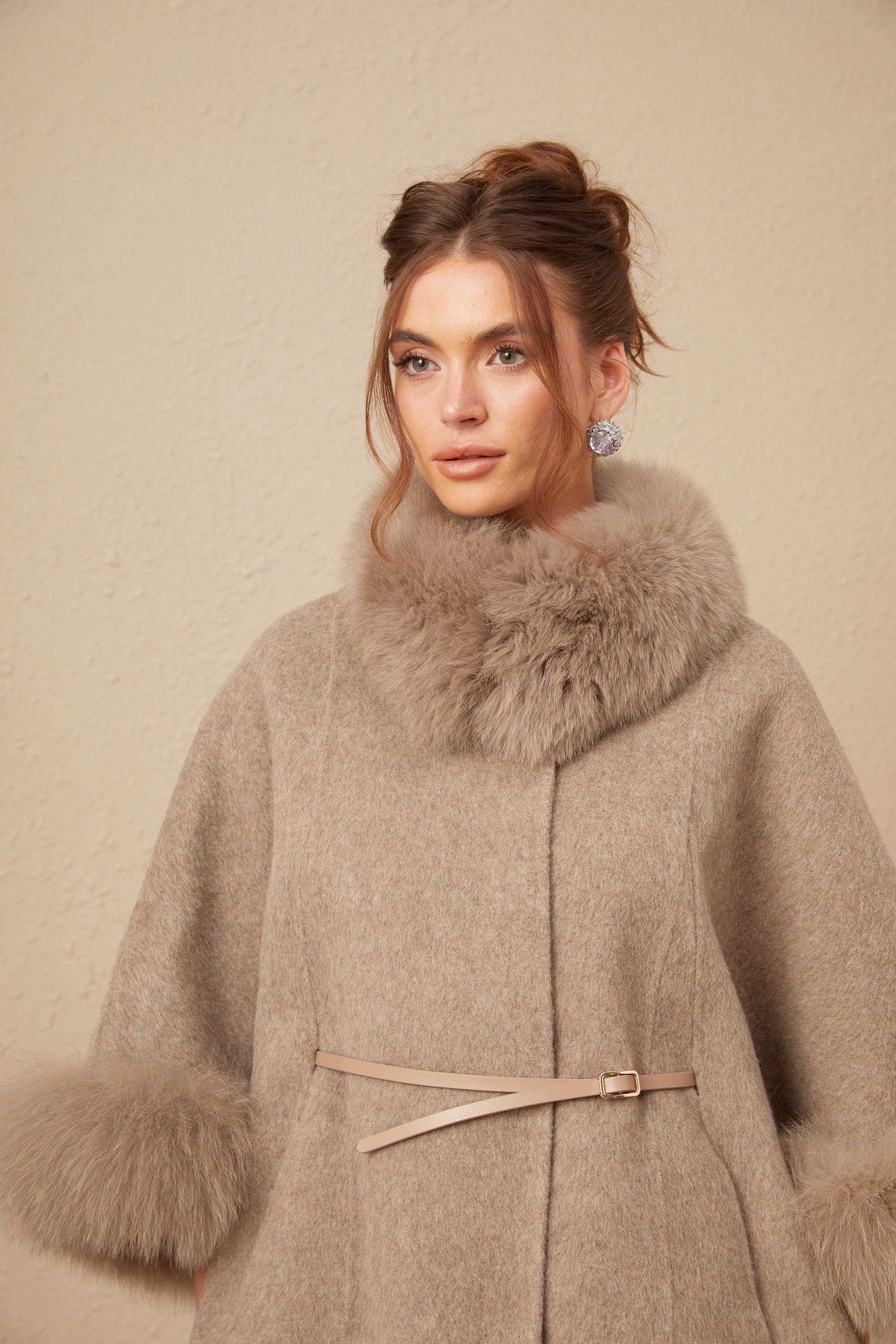 Beige Wool Coat with Faux Fur Collar for Women - Allegra