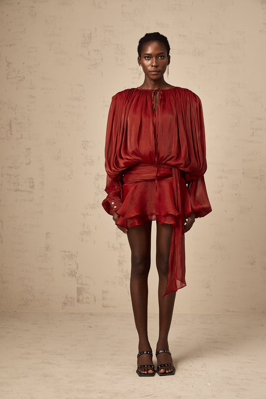 Red Pleated Mini Dress with Tie Waist for Women - Eugenia