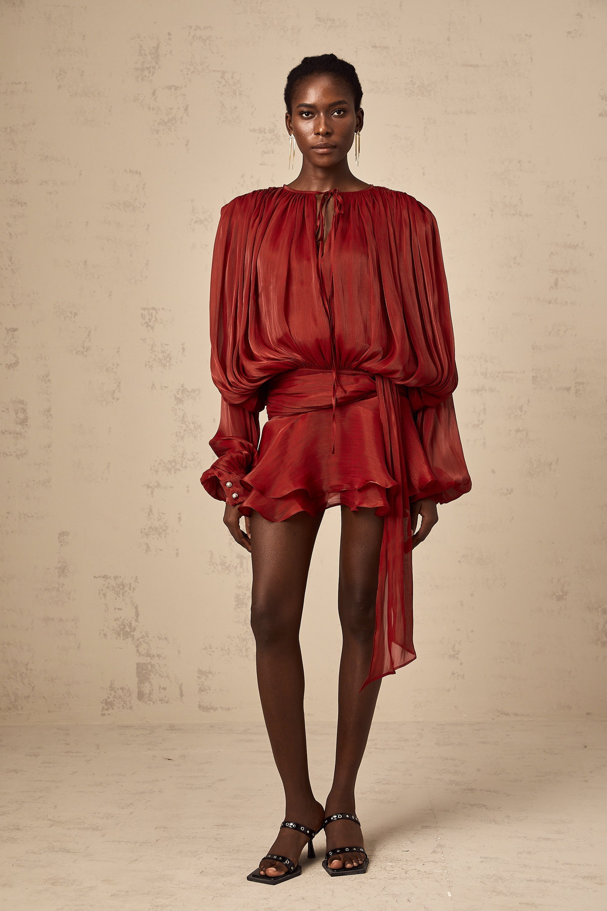Red Pleated Mini Dress with Tie Waist for Women - Eugenia