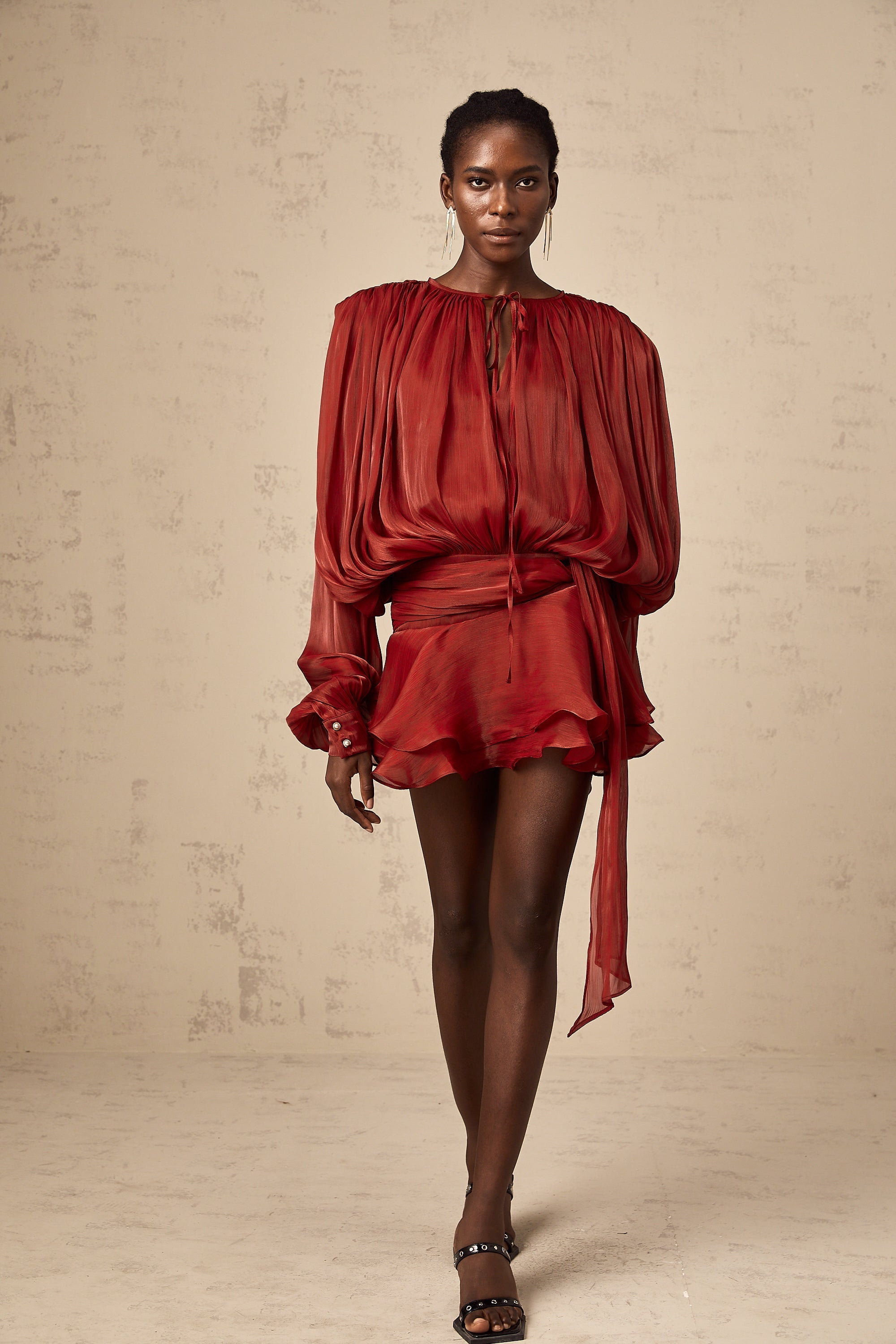Red Pleated Mini Dress with Tie Waist for Women - Eugenia
