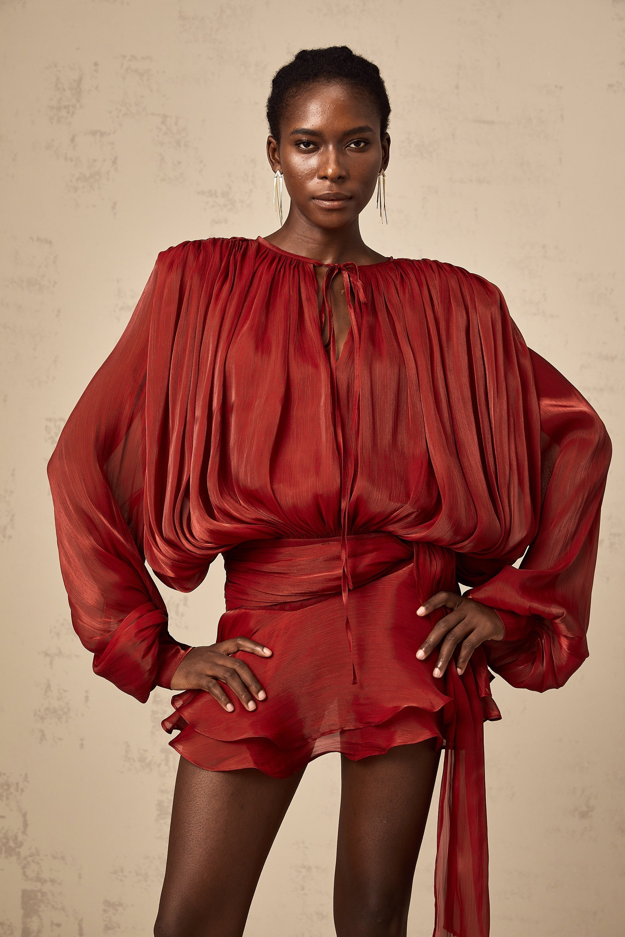 Red Pleated Mini Dress with Tie Waist for Women - Eugenia