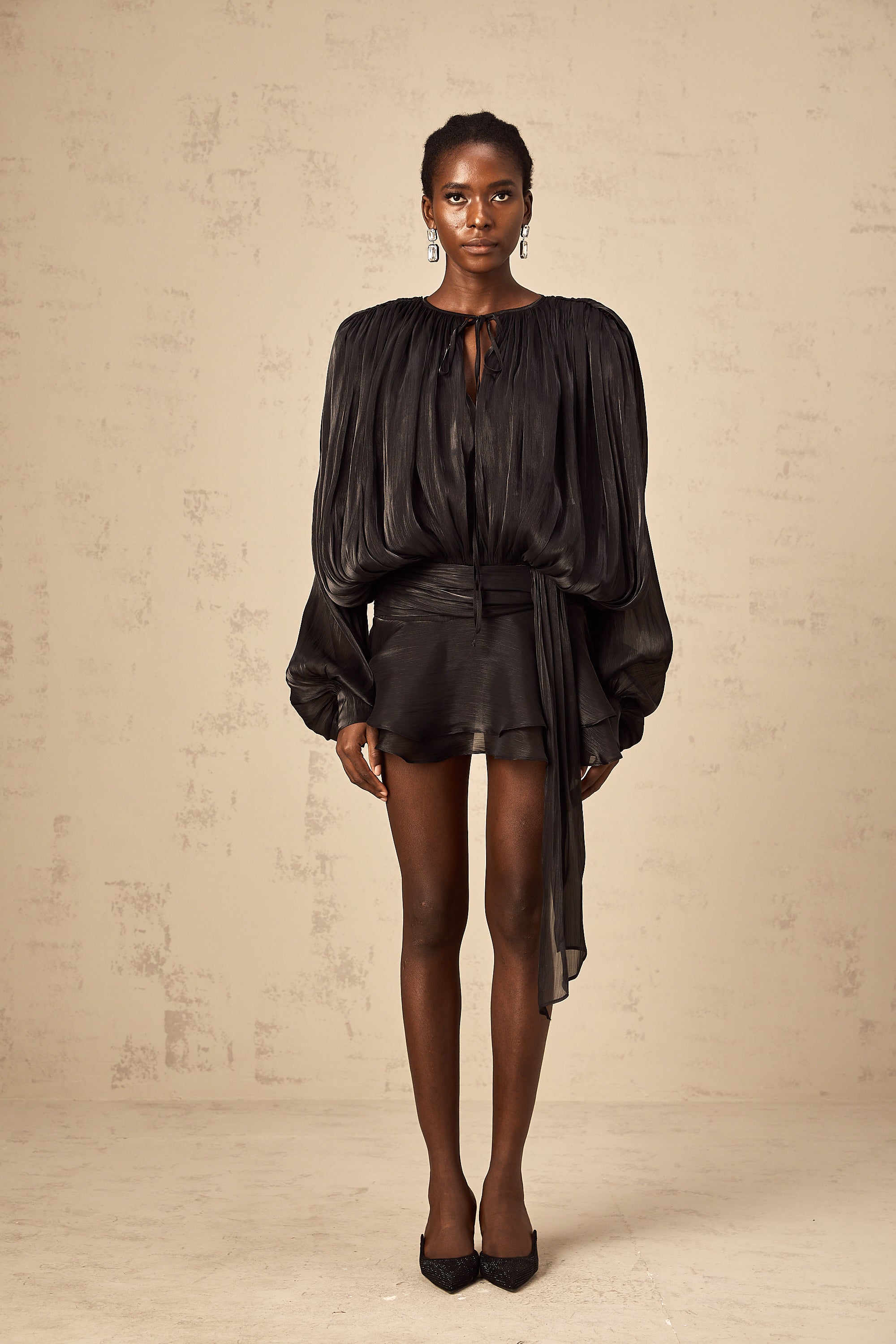 Black Pleated Mini Dress with Tie Waist for Women - Anita