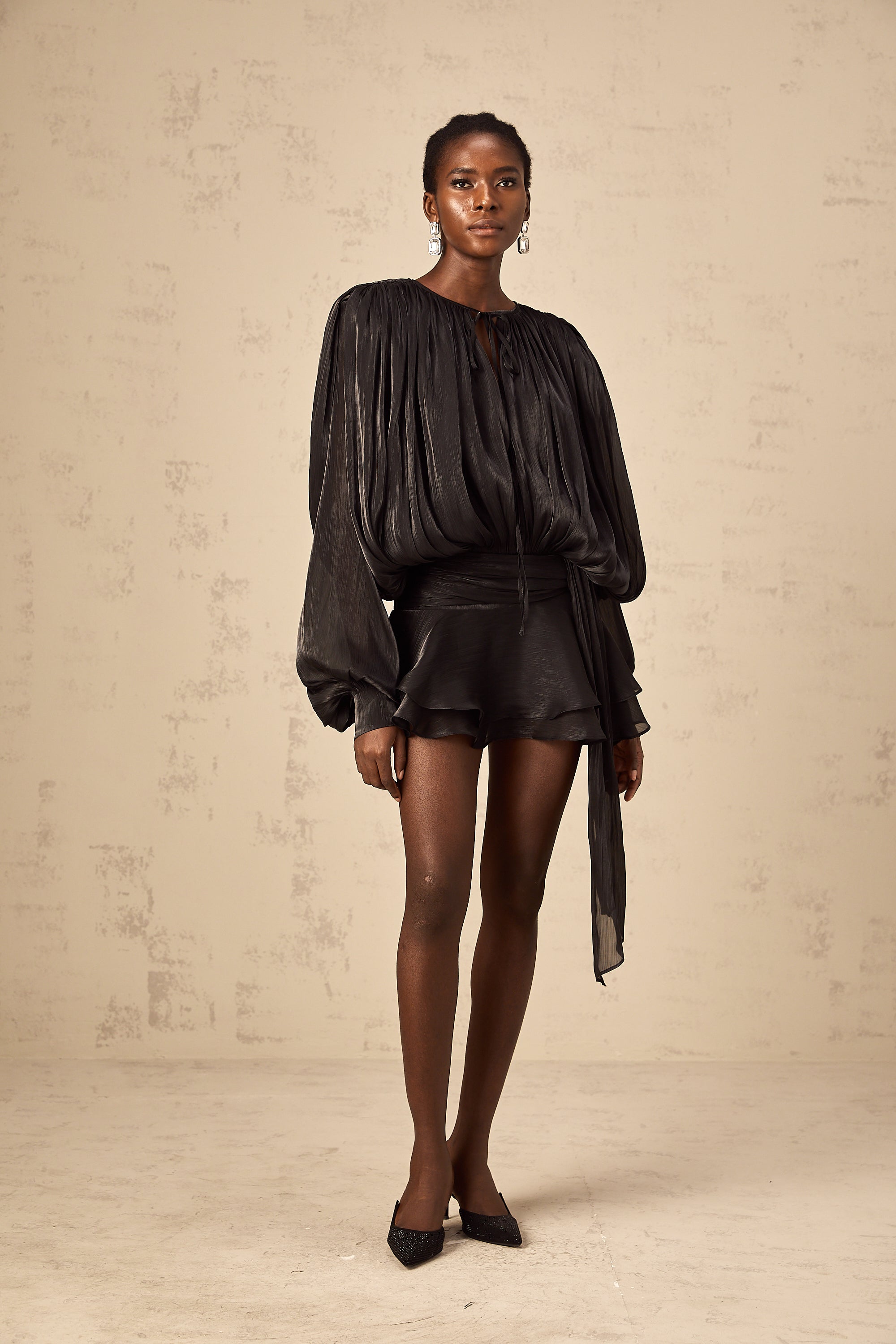 Black Pleated Mini Dress with Tie Waist for Women - Anita