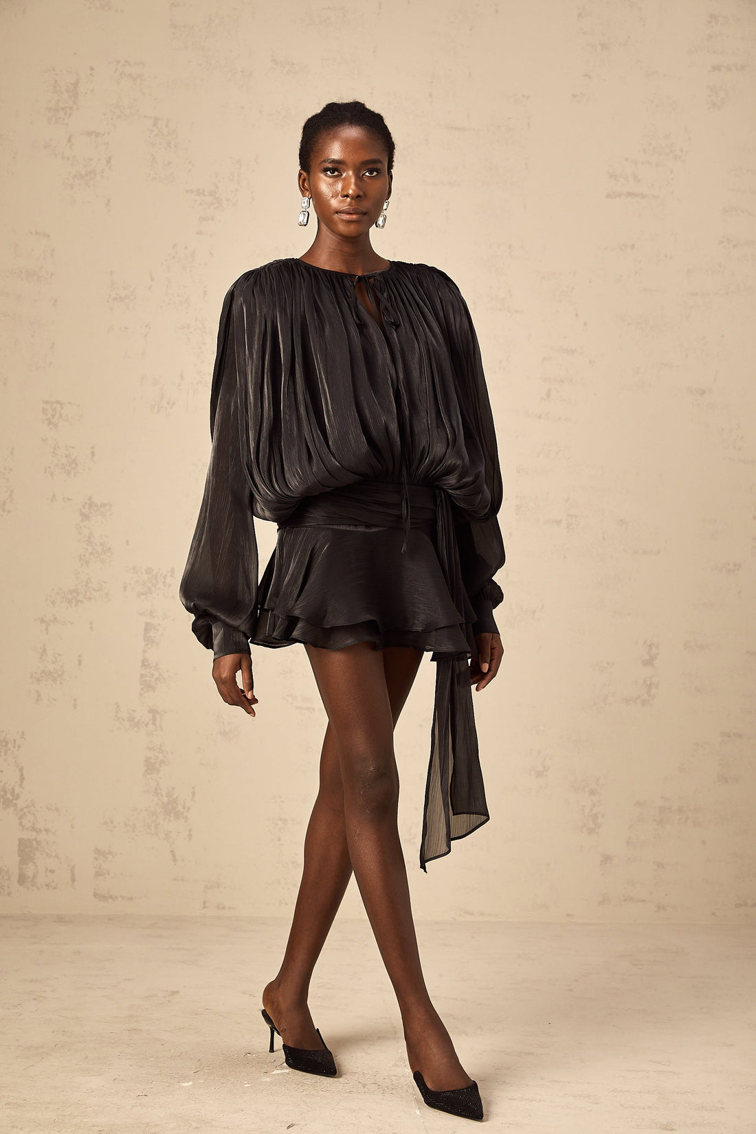Black Pleated Mini Dress with Tie Waist for Women - Anita