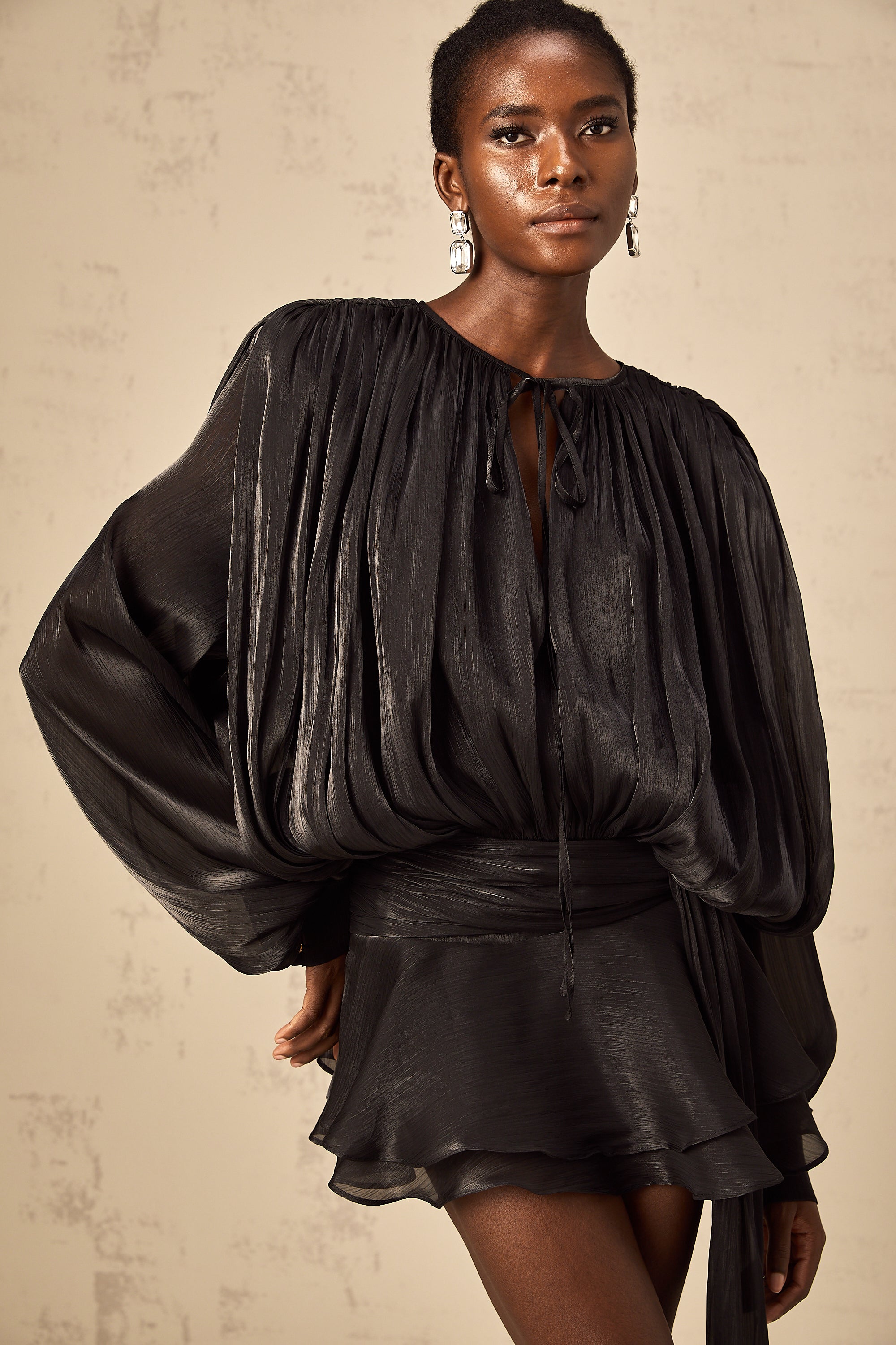 Black Pleated Mini Dress with Tie Waist for Women - Anita