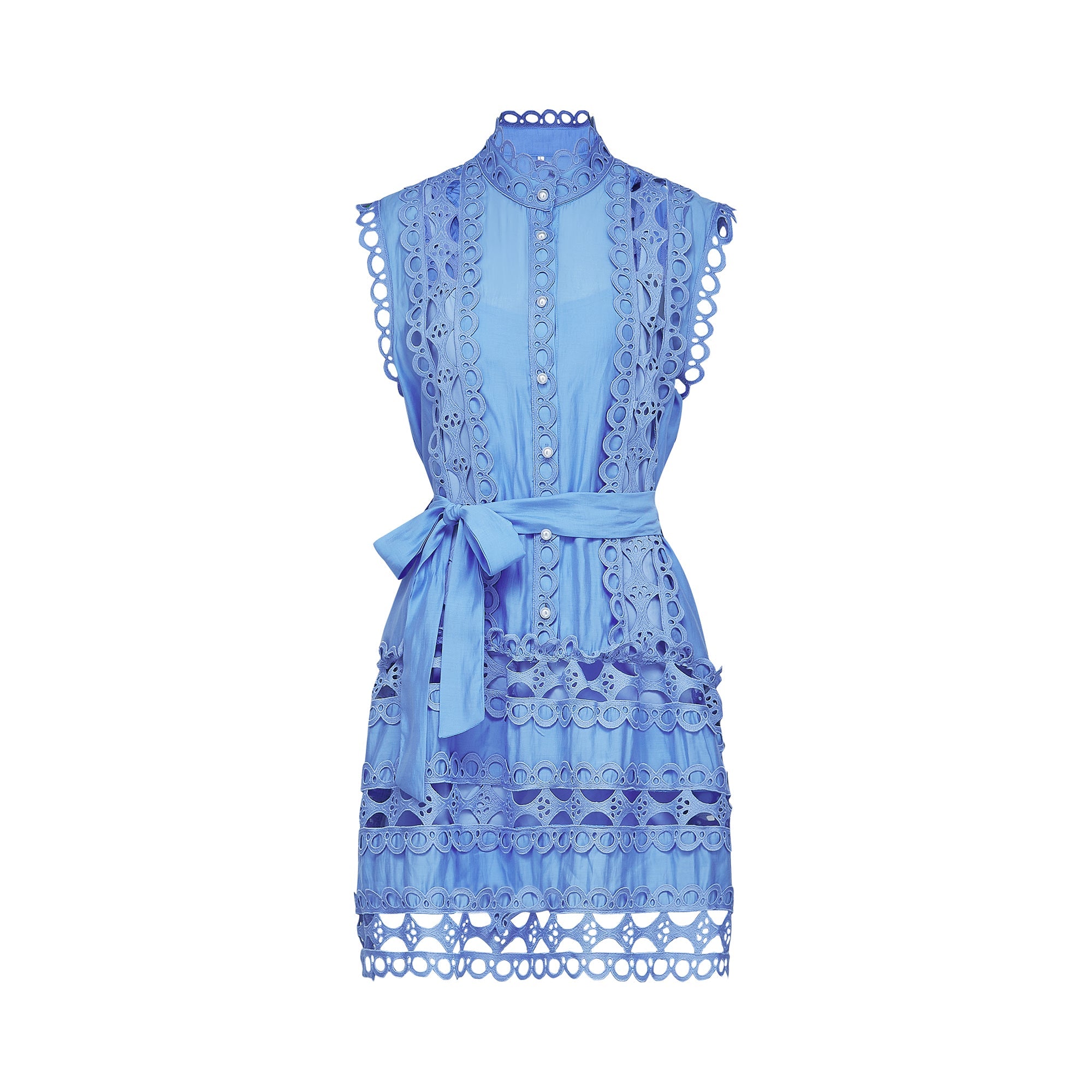 Sky Blue Lace Dress with Tie Belt for Women - Ornella