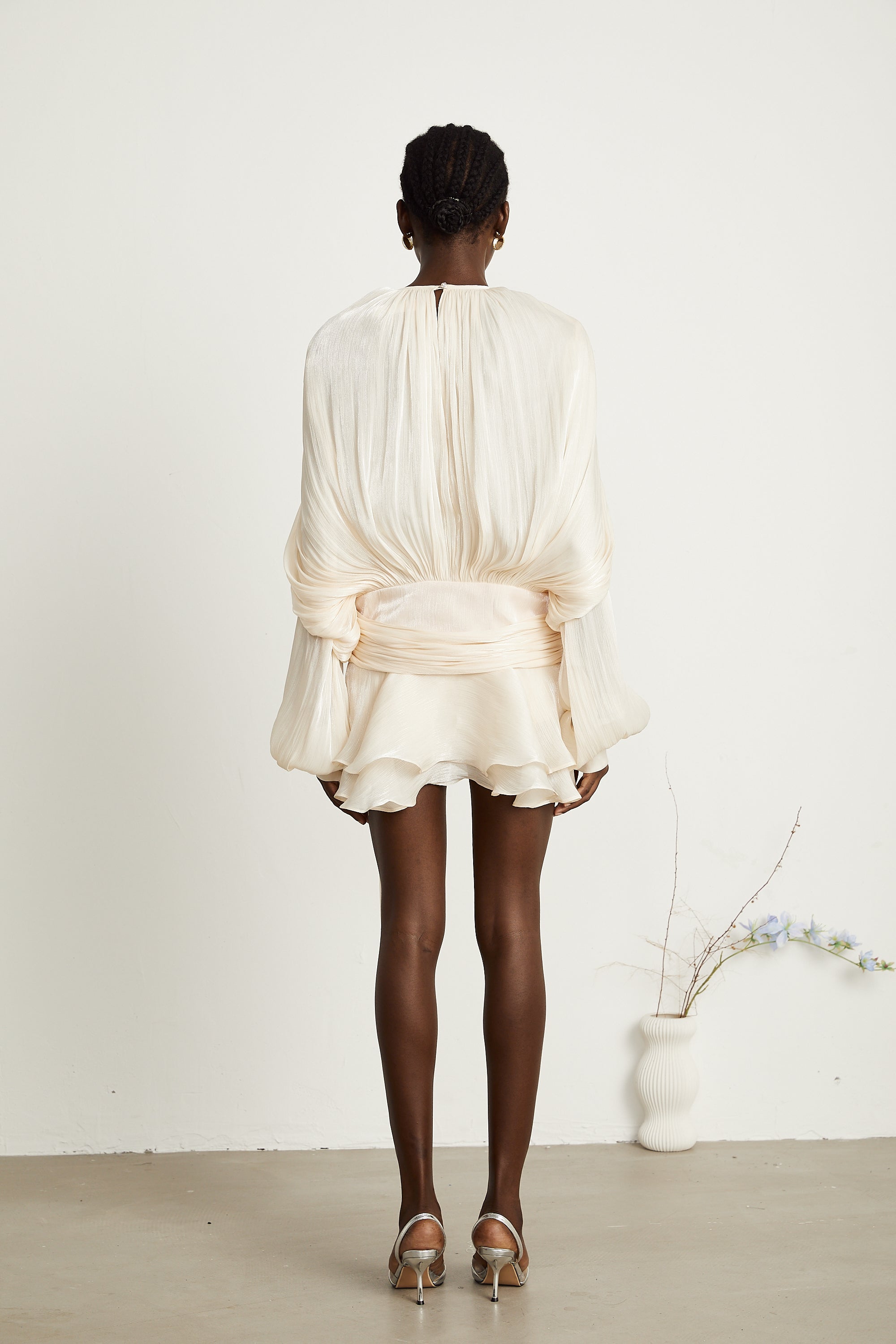 Ivory Pleated Mini Dress with Tie Waist for Women - Vittoria