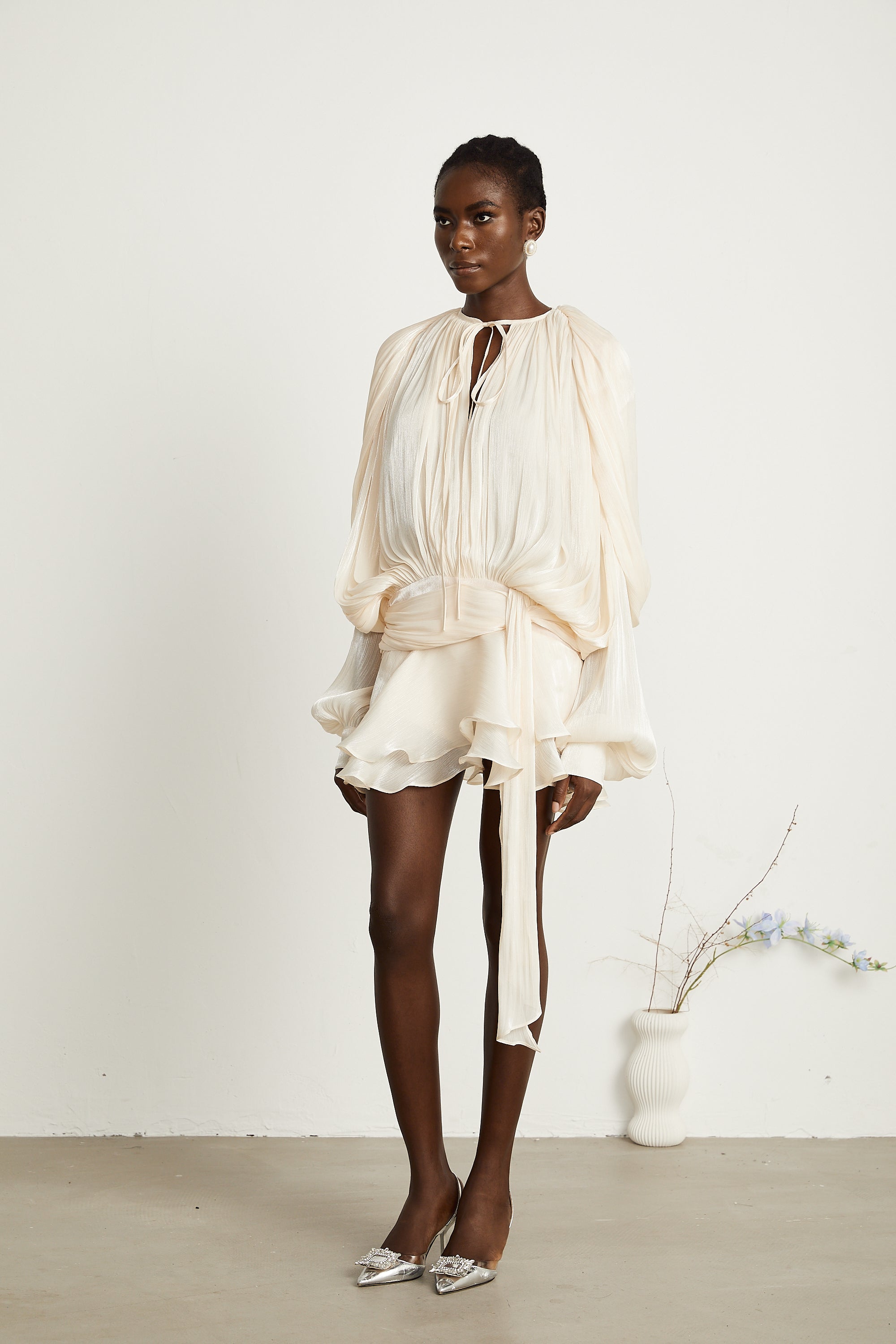 Ivory Pleated Mini Dress with Tie Waist for Women - Vittoria