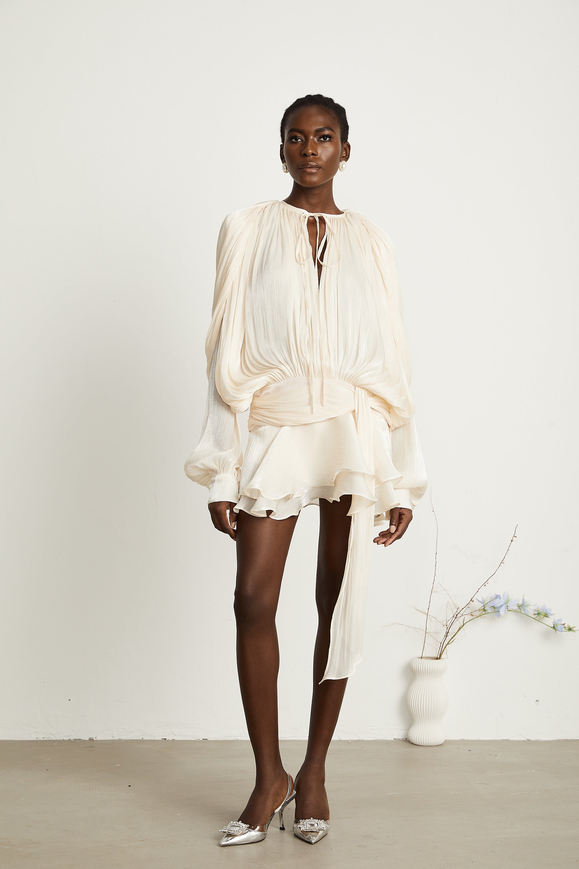 Ivory Pleated Mini Dress with Tie Waist for Women - Vittoria