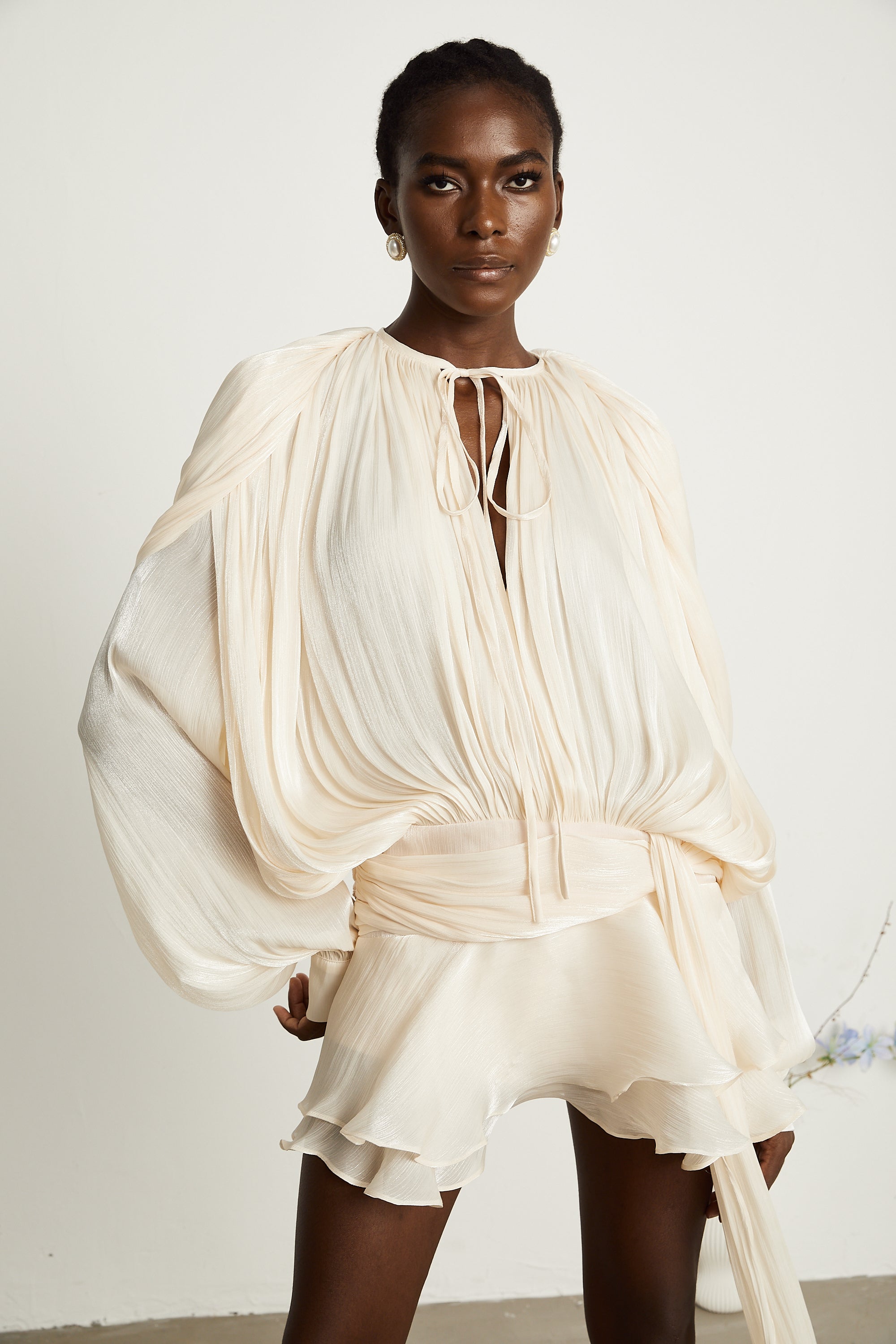 Ivory Pleated Mini Dress with Tie Waist for Women - Vittoria