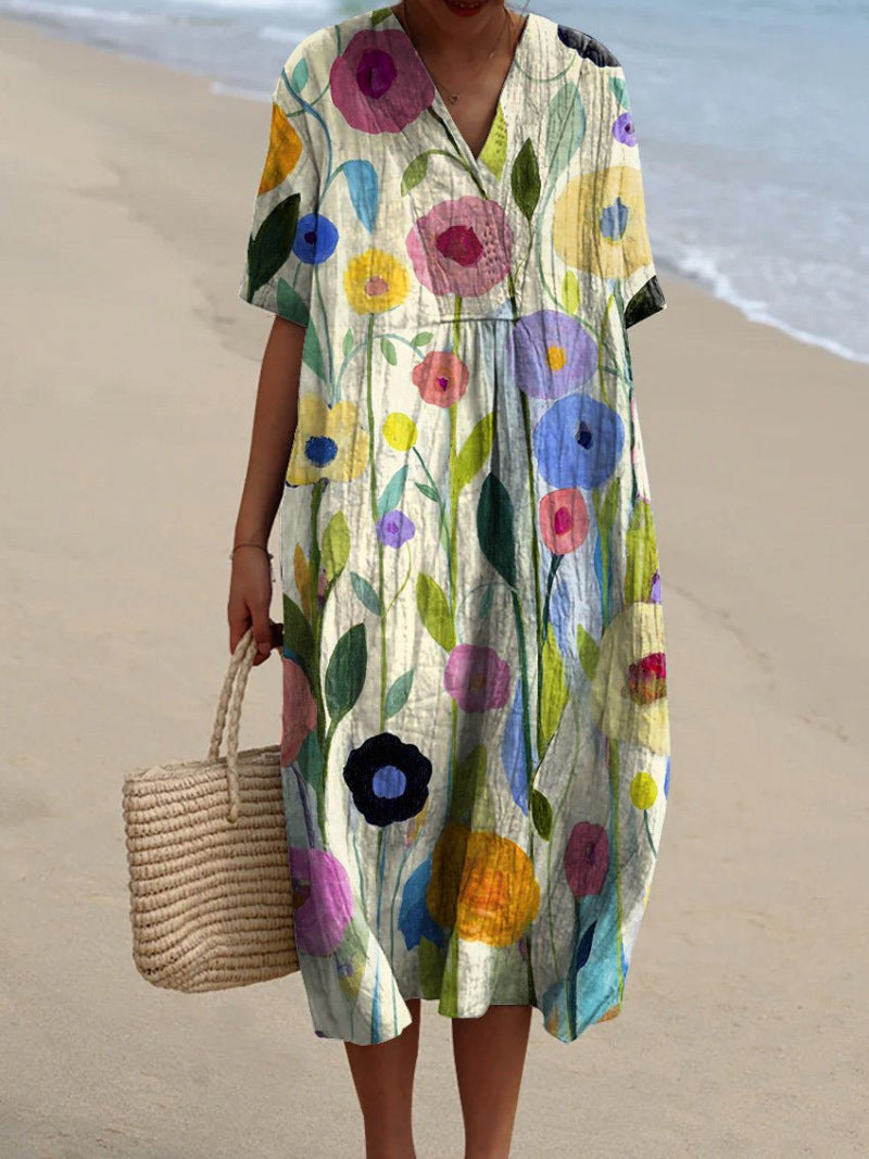 Floral Print V-Neck Midi Dress for Women | Summer Style