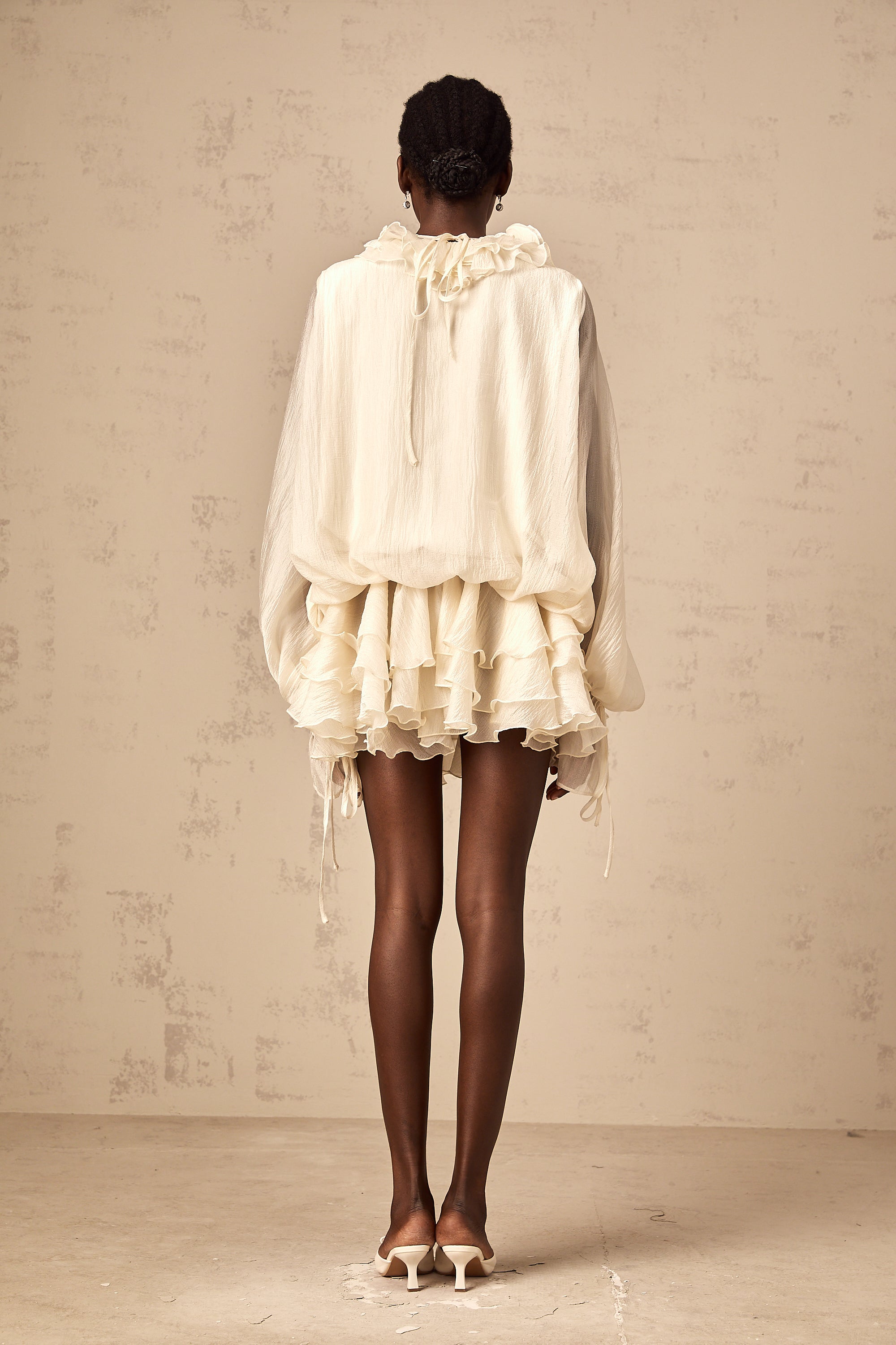 Cream Ruffled Mini Dress with Floral Detailing for Women - Sonia