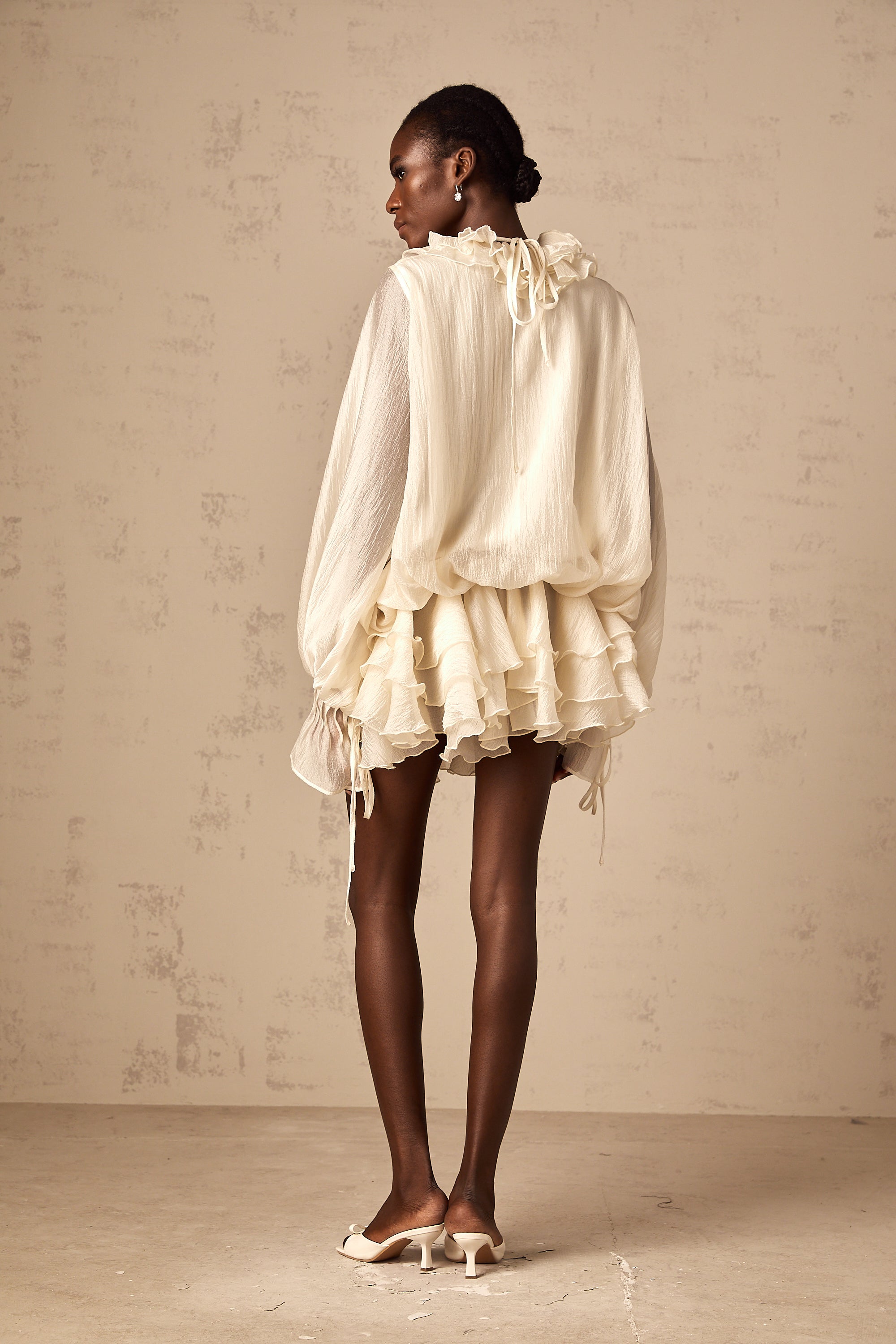 Cream Ruffled Mini Dress with Floral Detailing for Women - Sonia