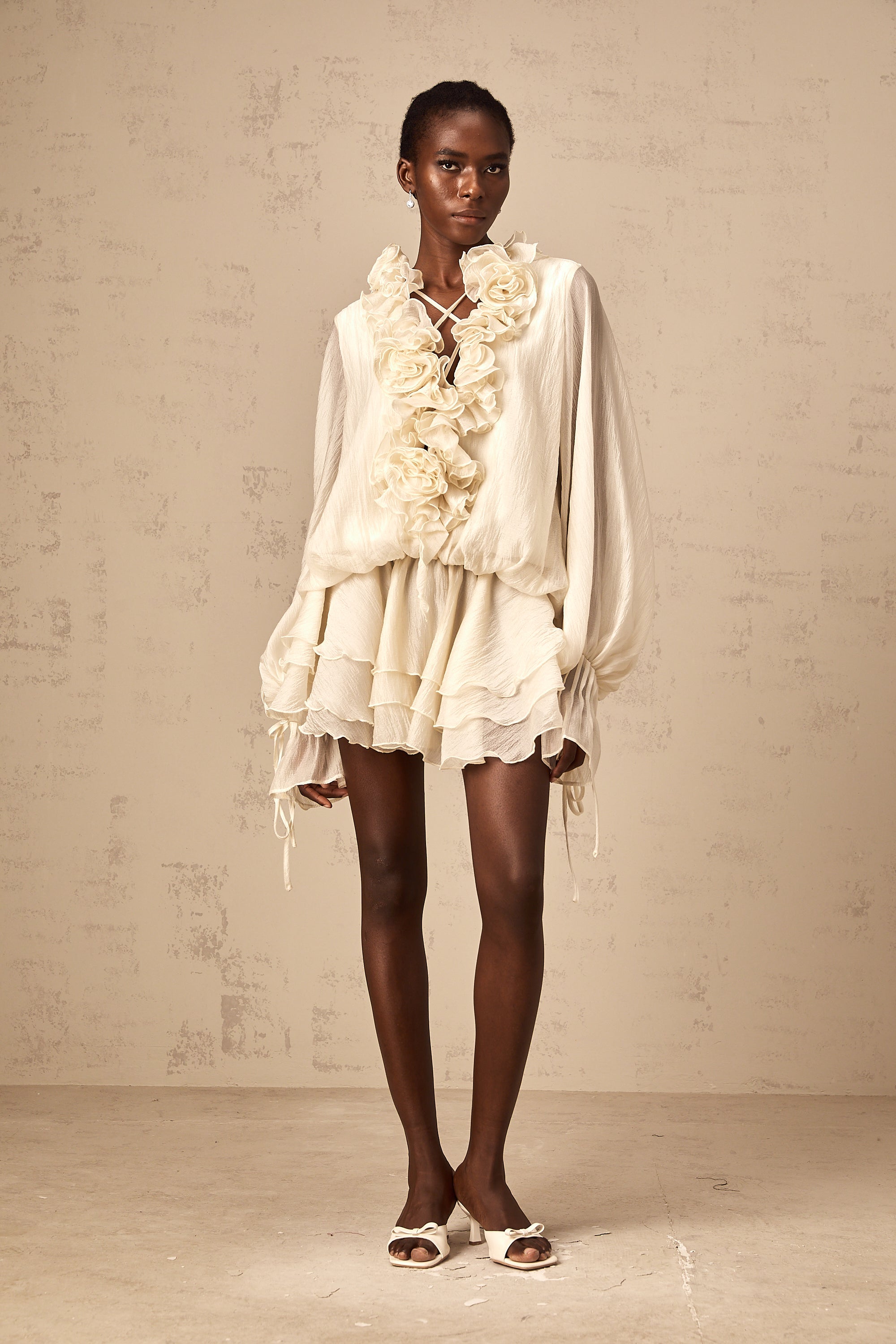 Cream Ruffled Mini Dress with Floral Detailing for Women - Sonia