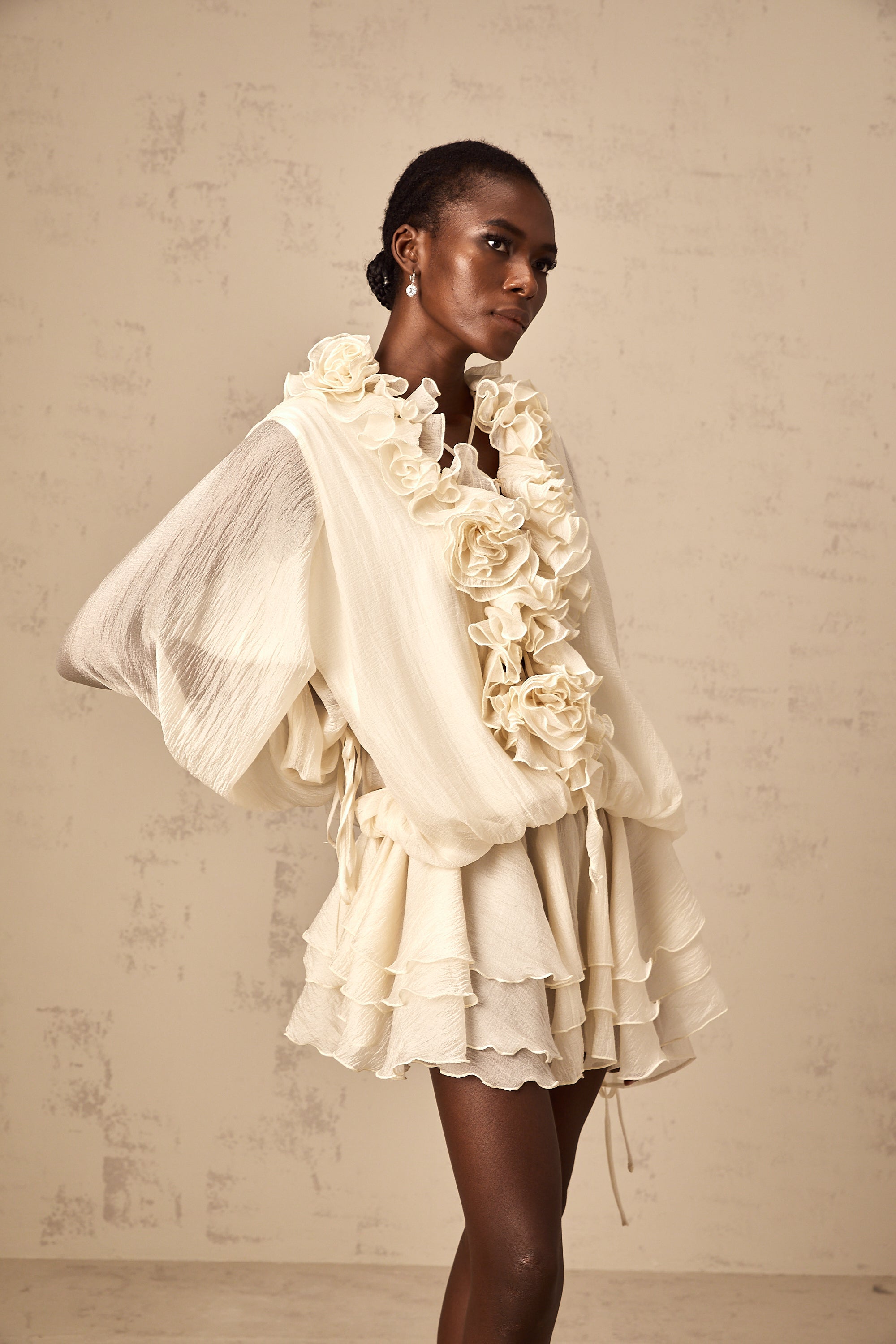 Cream Ruffled Mini Dress with Floral Detailing for Women - Sonia