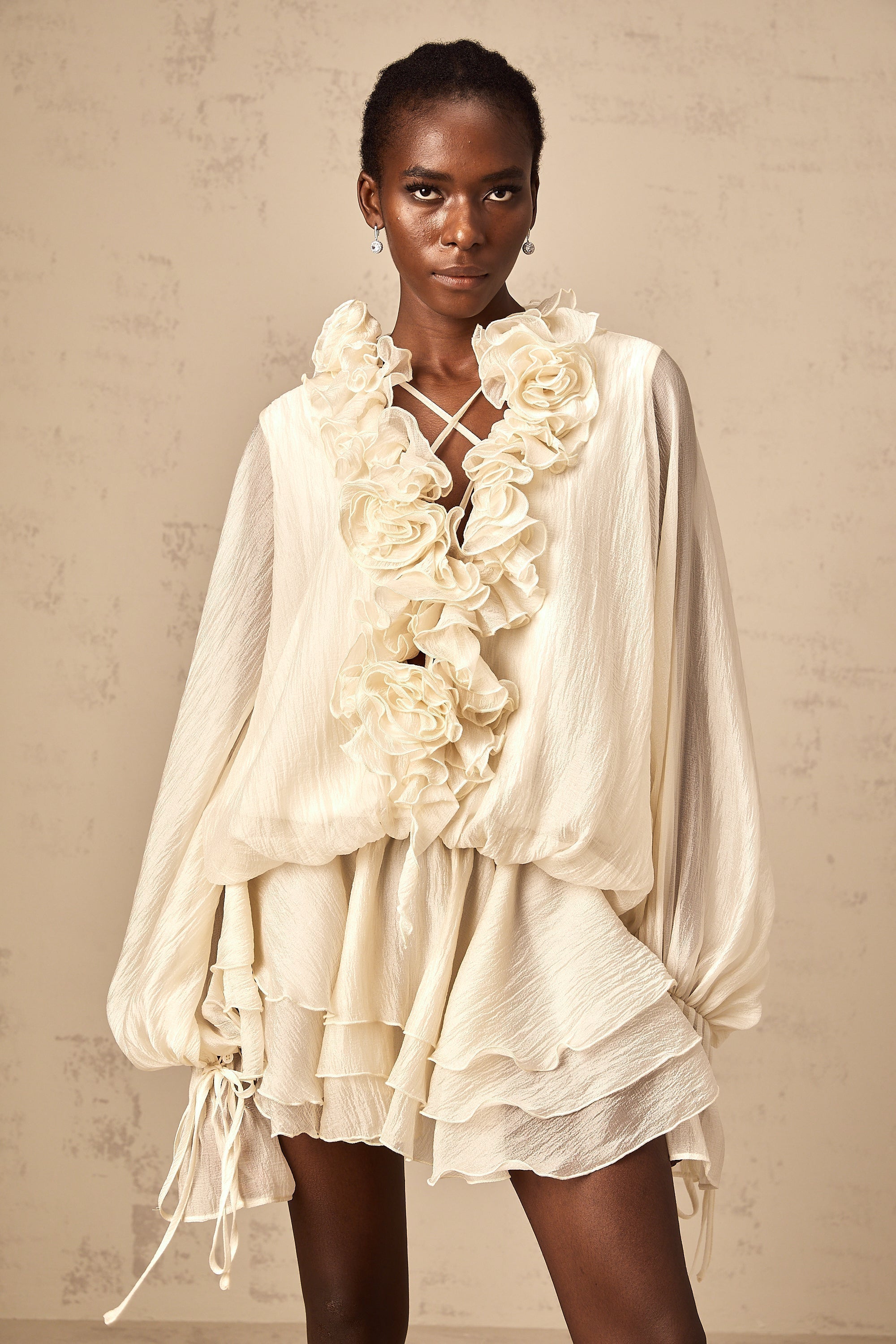 Cream Ruffled Mini Dress with Floral Detailing for Women - Sonia