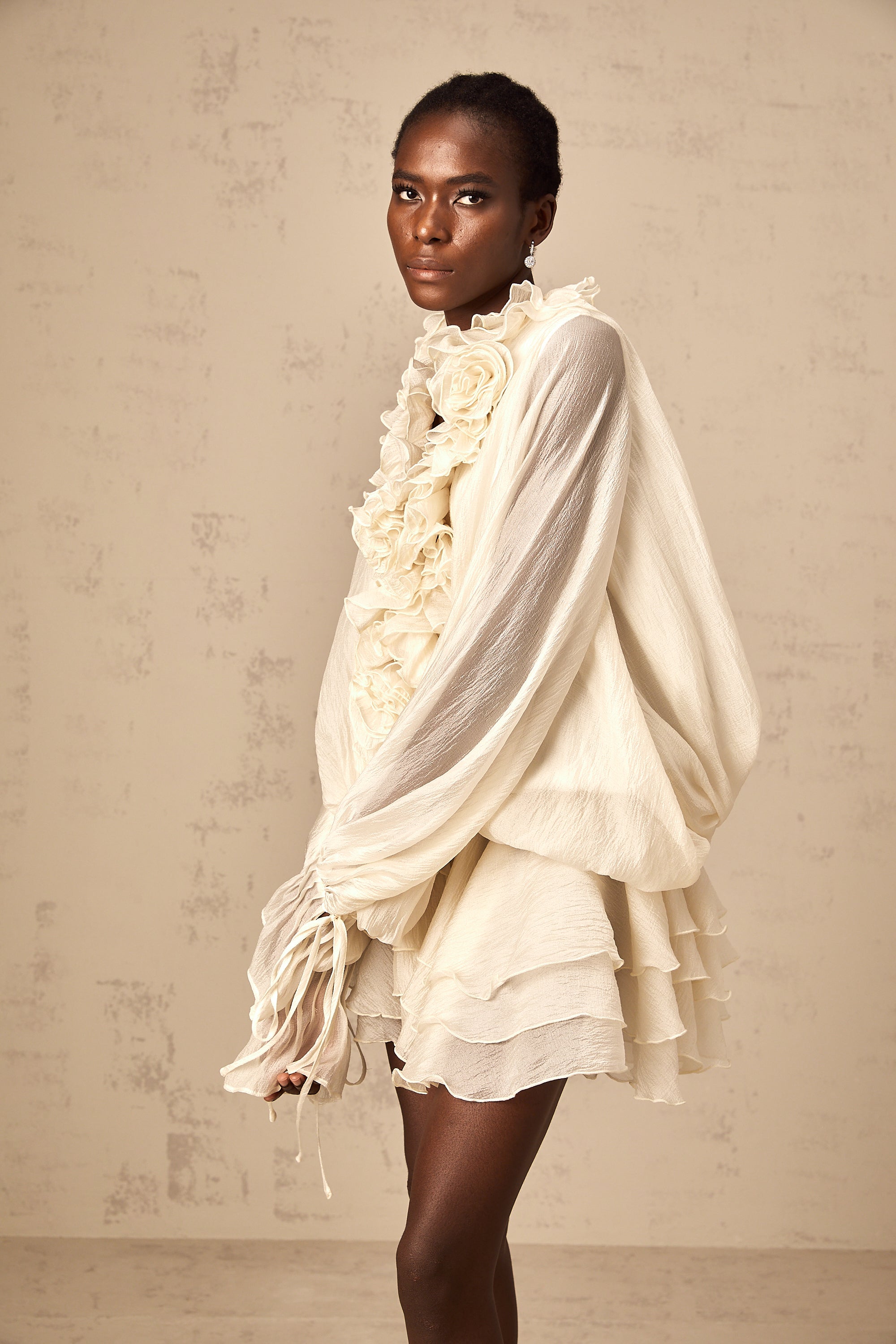 Cream Ruffled Mini Dress with Floral Detailing for Women - Sonia