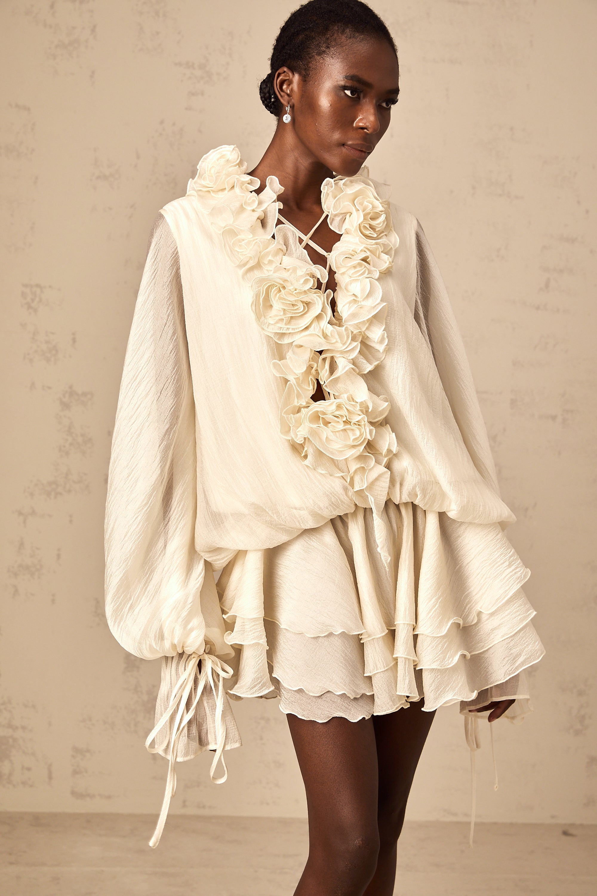 Cream Ruffled Mini Dress with Floral Detailing for Women - Sonia