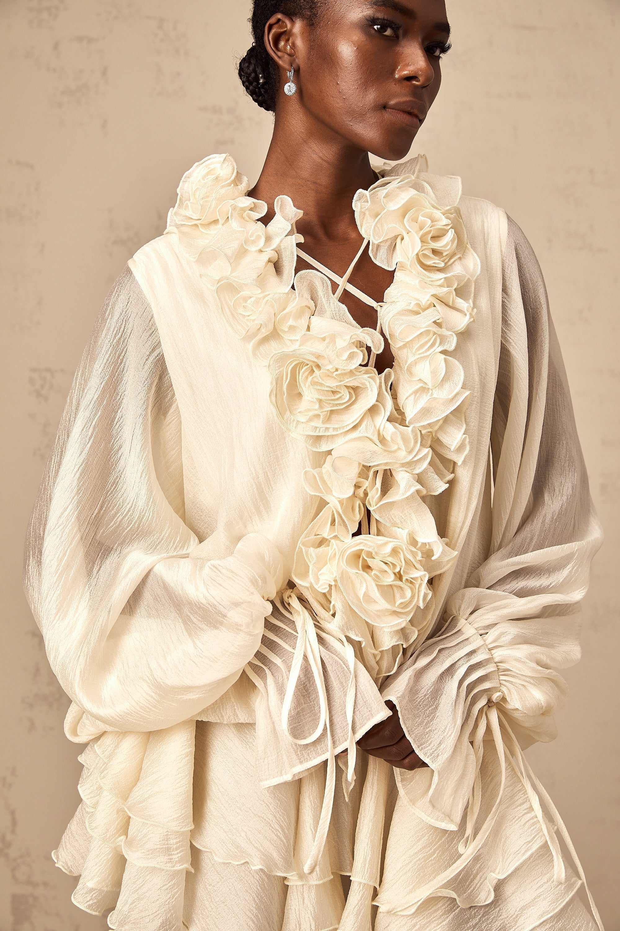 Cream Ruffled Mini Dress with Floral Detailing for Women - Sonia