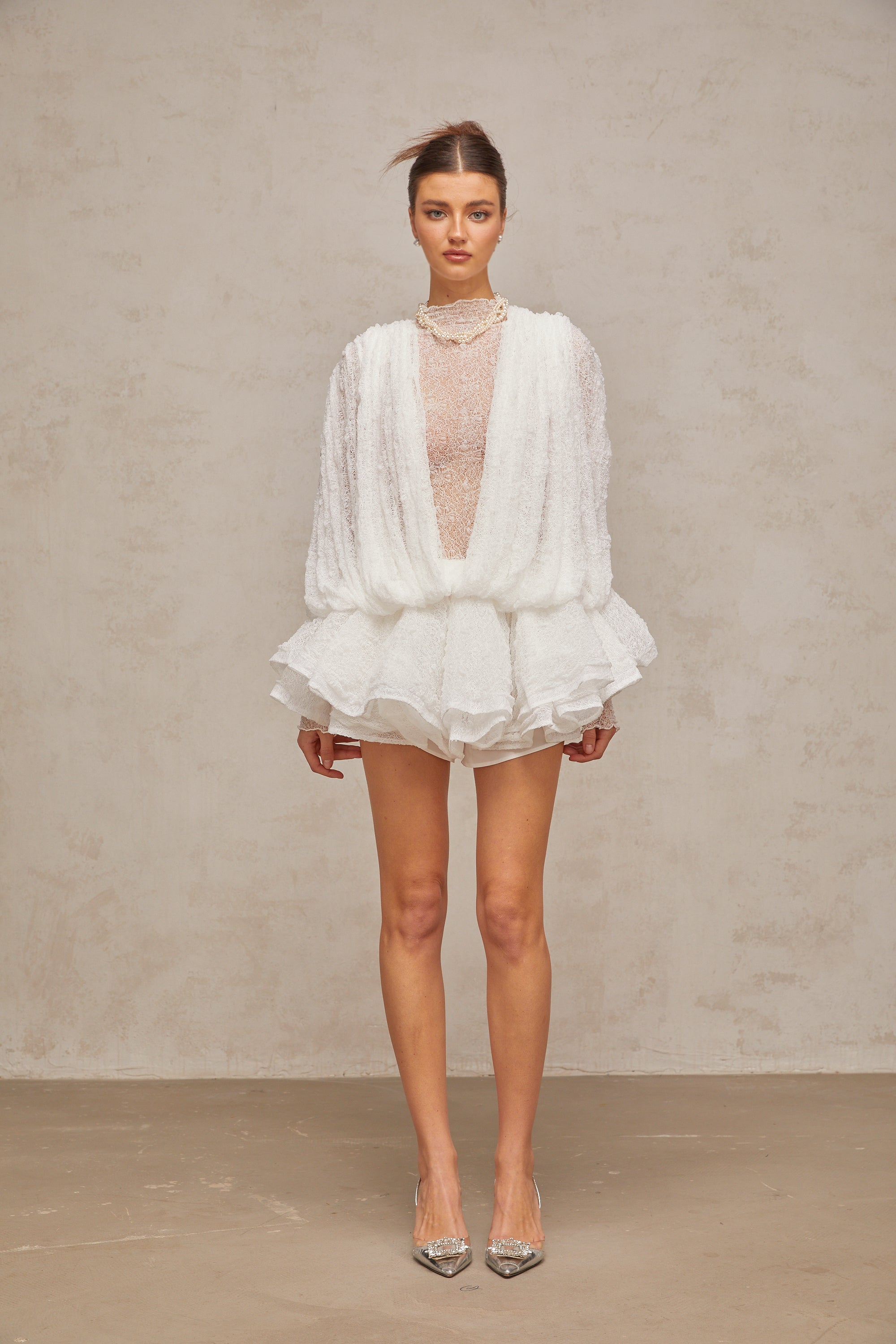 Ivory White Lace Mini Dress with Draped Detail for Women - Michela