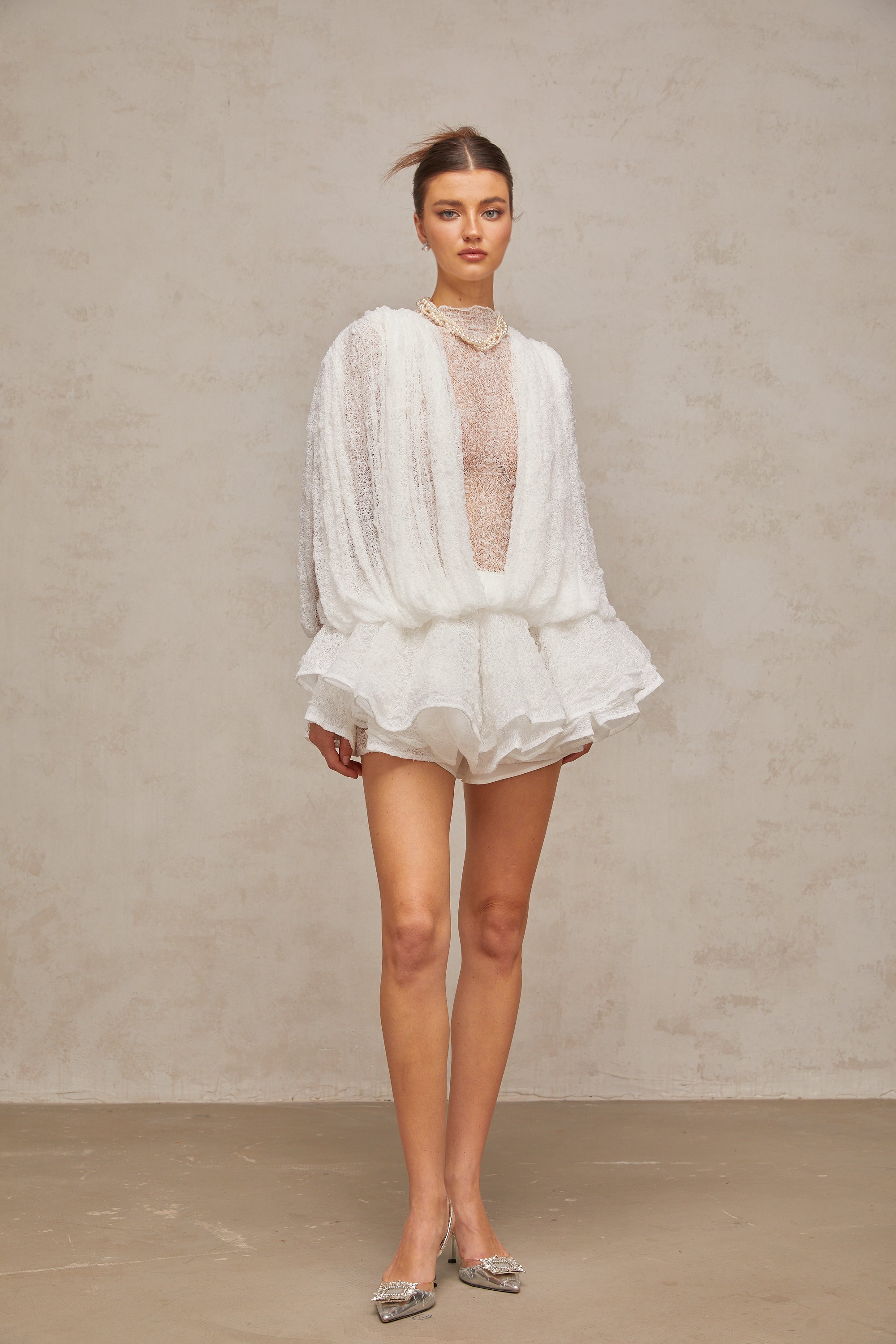 Ivory White Lace Mini Dress with Draped Detail for Women - Michela