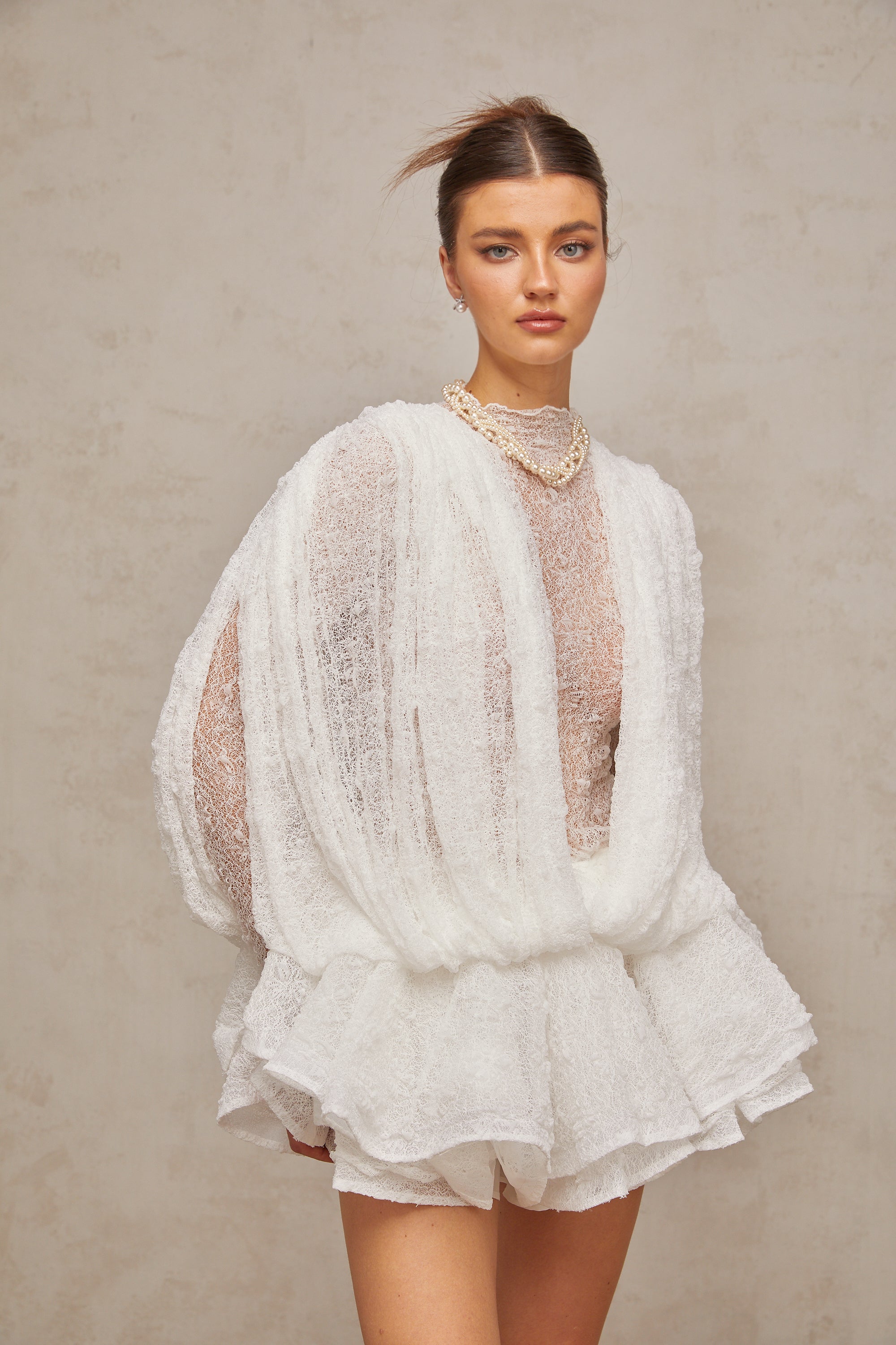 Ivory White Lace Mini Dress with Draped Detail for Women - Michela