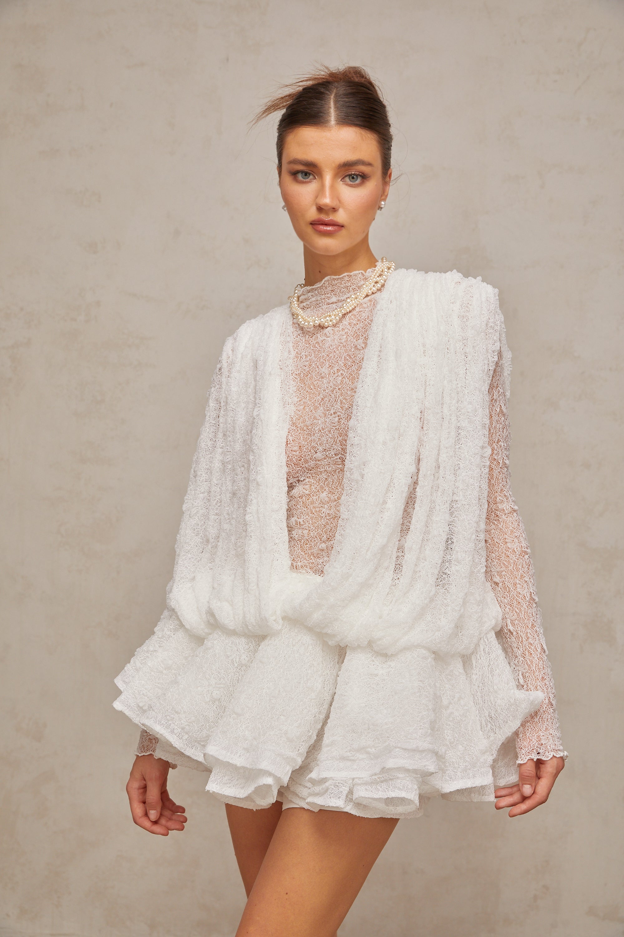 Ivory White Lace Mini Dress with Draped Detail for Women - Michela