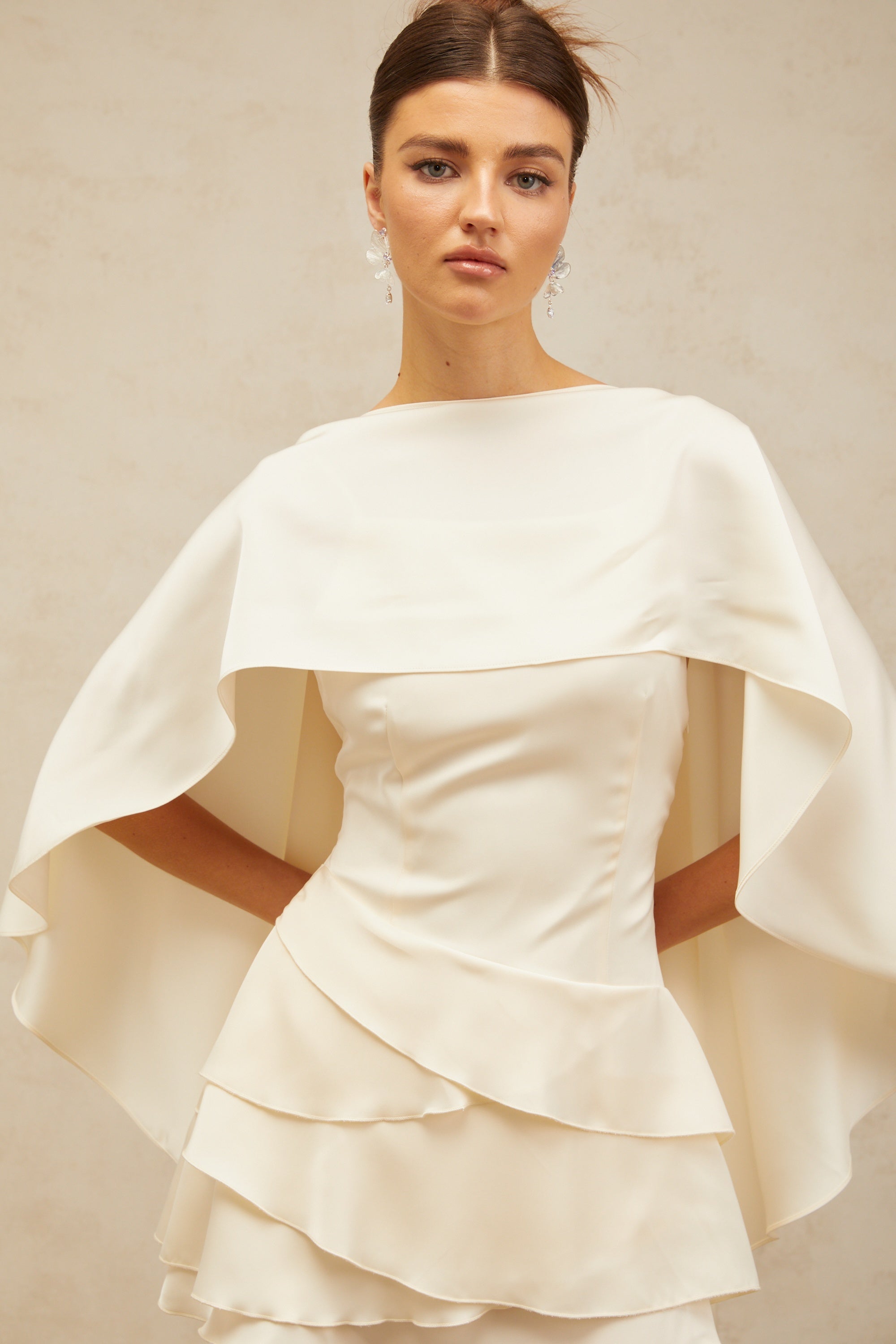 Ivory Layered Ruffle Mini Dress with Cape Sleeves for Women - Costanza