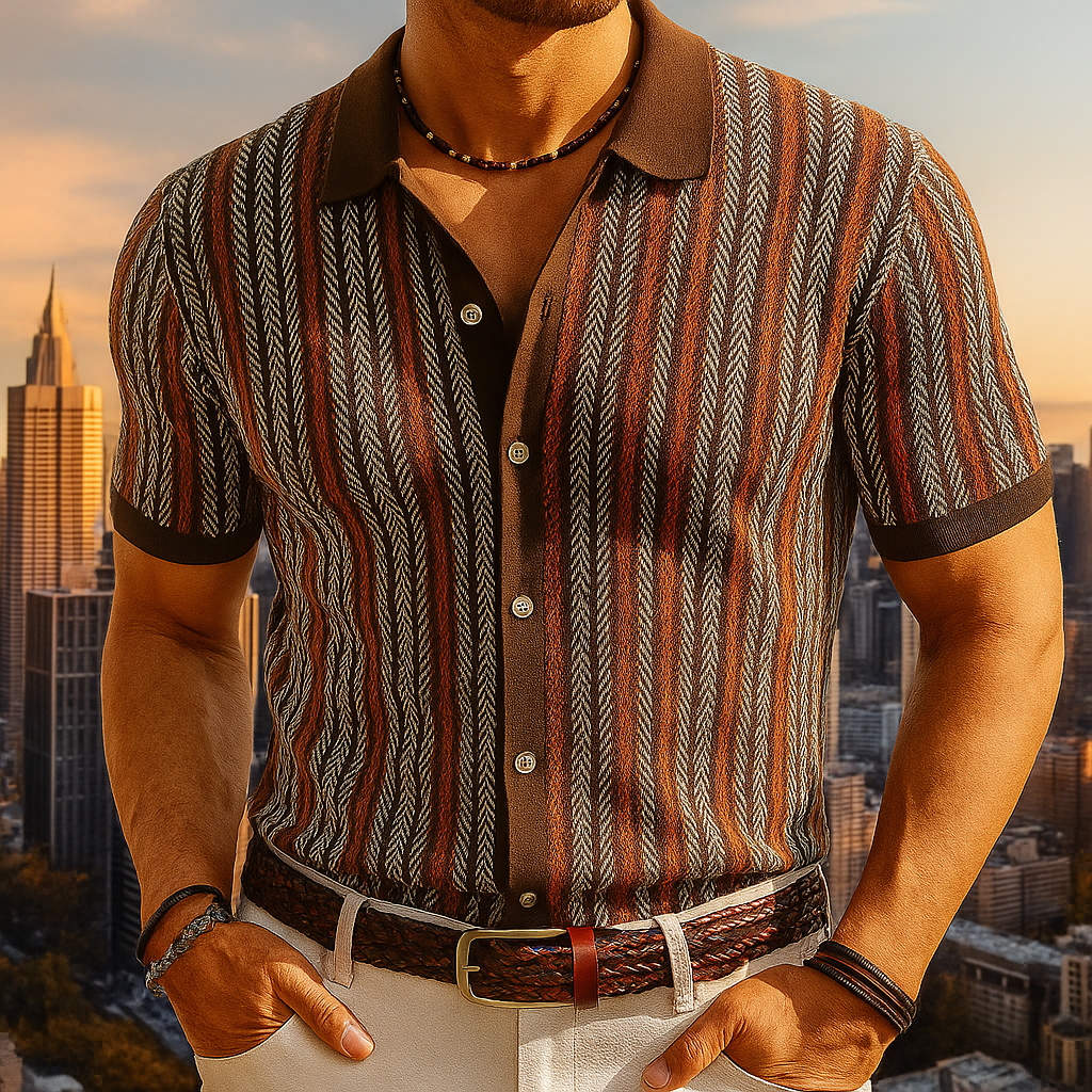 Men's Retro Striped Button-Up Shirt | Short Sleeve