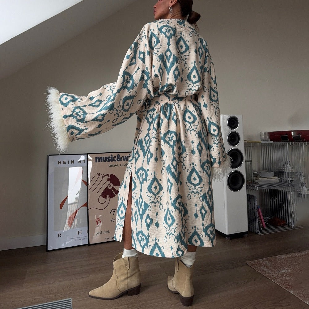 Beige Teal Printed Kimono Maxi Coat with Feather Sleeves for Women - Rachele