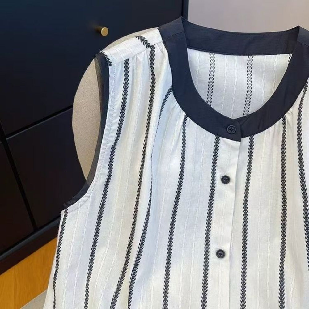 White and Black Striped Sleeveless Blouse for Women - Gisella