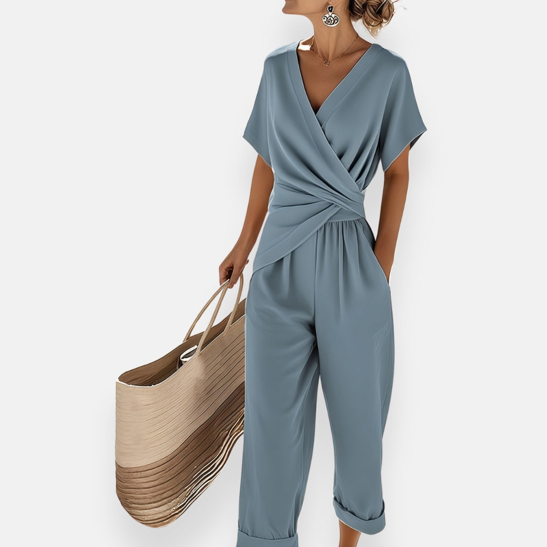 Women's Short Sleeve Casual Wrap Jumpsuit | V-Neck