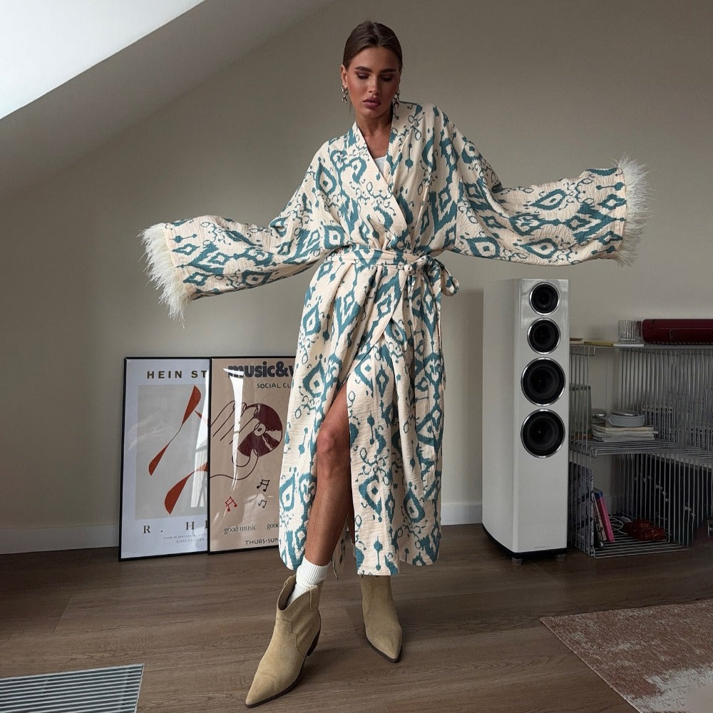 Beige Teal Printed Kimono Maxi Coat with Feather Sleeves for Women - Rachele
