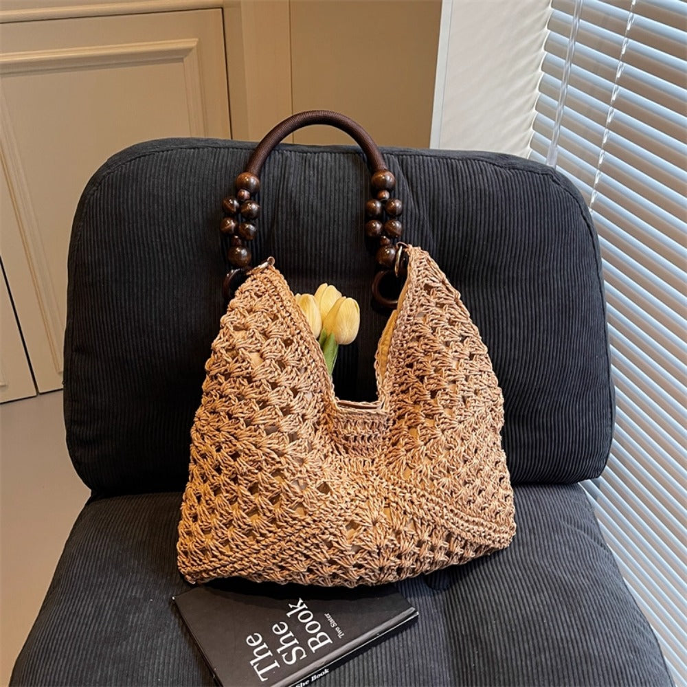 Woven Straw Shoulder Bag with Crochet Design for Women - Camilla