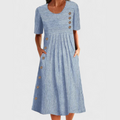 Women's Casual Crewneck Striped Midi Dress | with Pockets