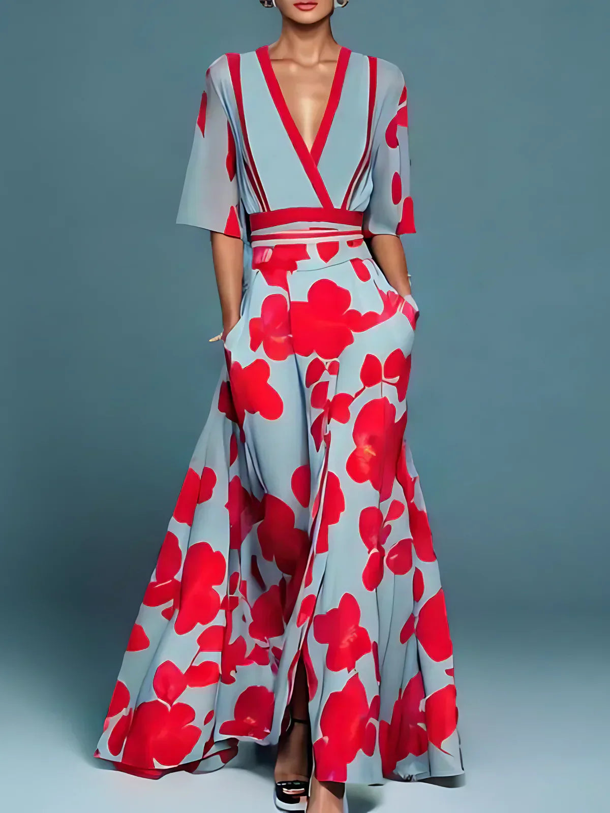 Women's V-Neck Wrap Floral Maxi Dress | with Pockets