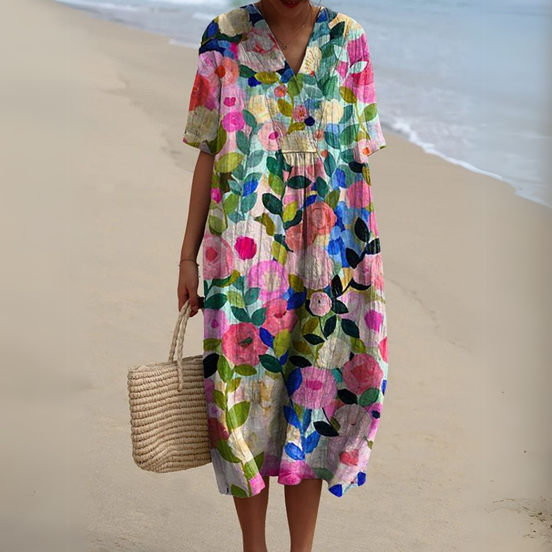 Women's Summer Floral V-Neck Maxi Dress | Short Sleeve