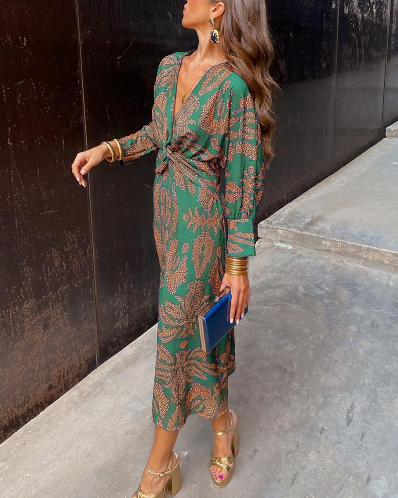 Women's V-Neck Long Sleeve Midi Summer Dress