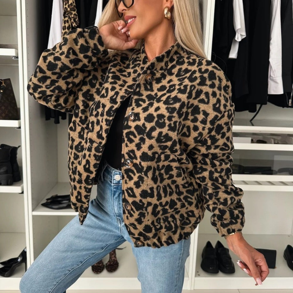 Brown Leopard Print Button Up Jacket for Women - Silvana