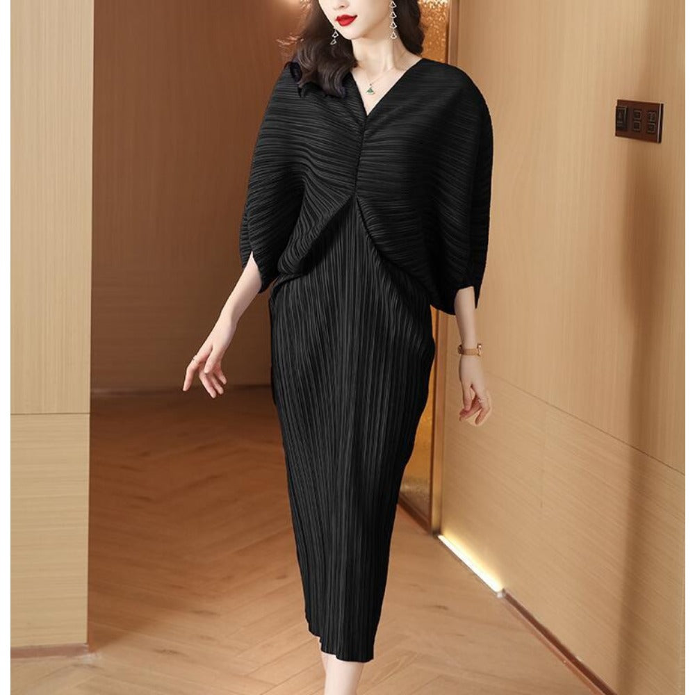 Midi Dress with Pleated Batwing Sleeves for Women - Lina
