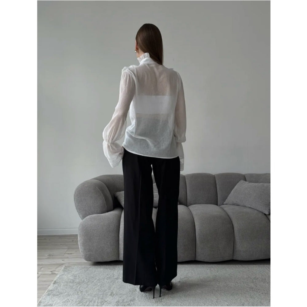 White Sheer Lace Ruffle Blouse with Long Sleeves for Women - Melissa